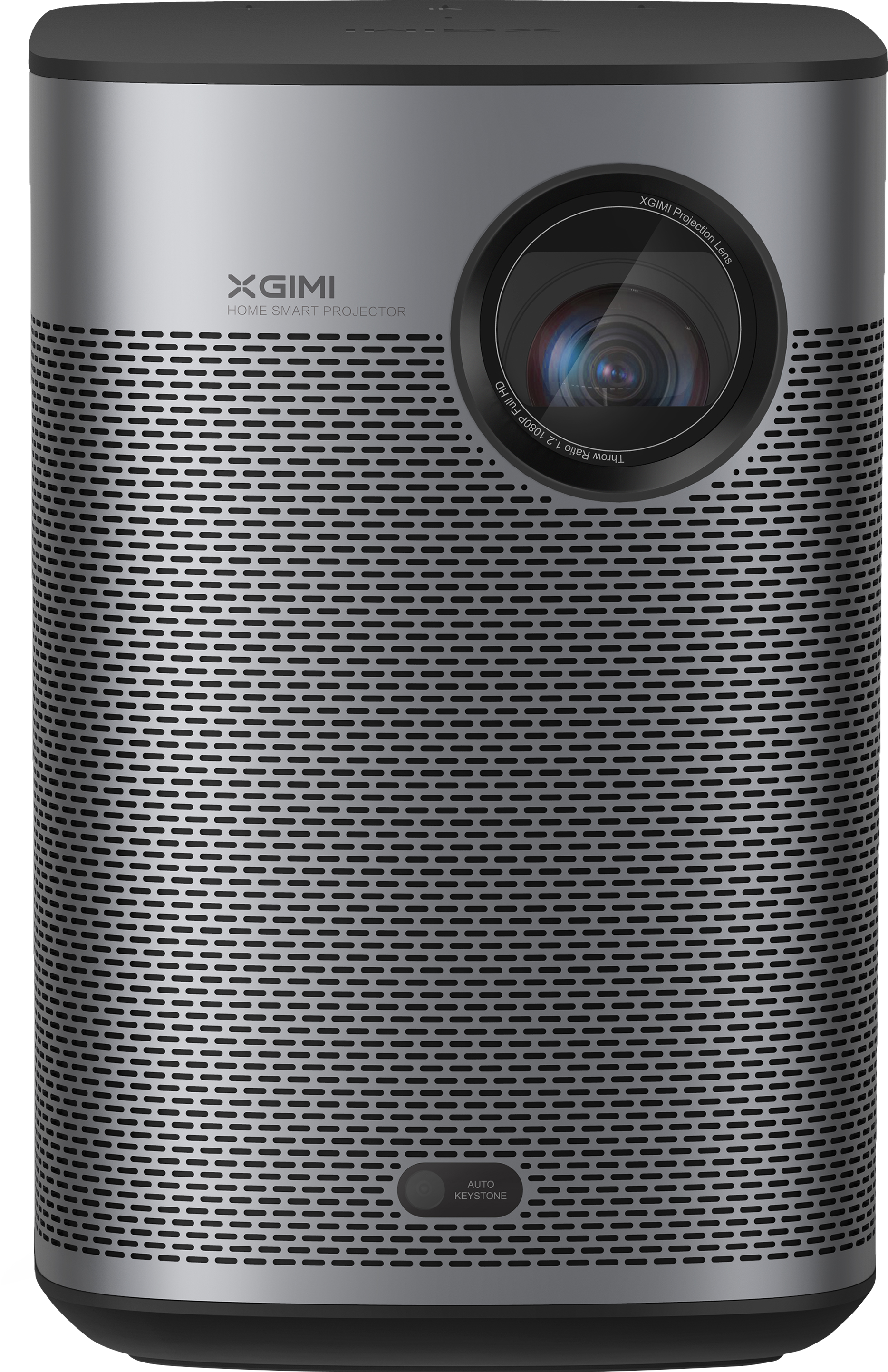 Silver projector with a lens, speaker holes, and control buttons, on a white background.