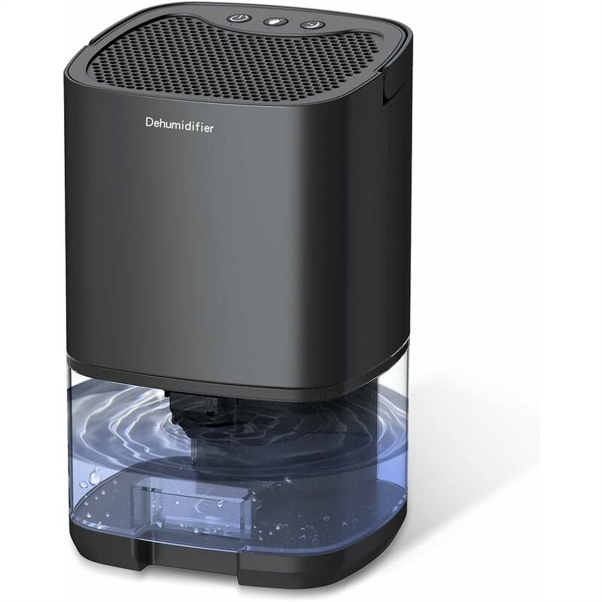 Schwarzer Luftentfeuchter mit Wassertank. Weißer Hintergrund.