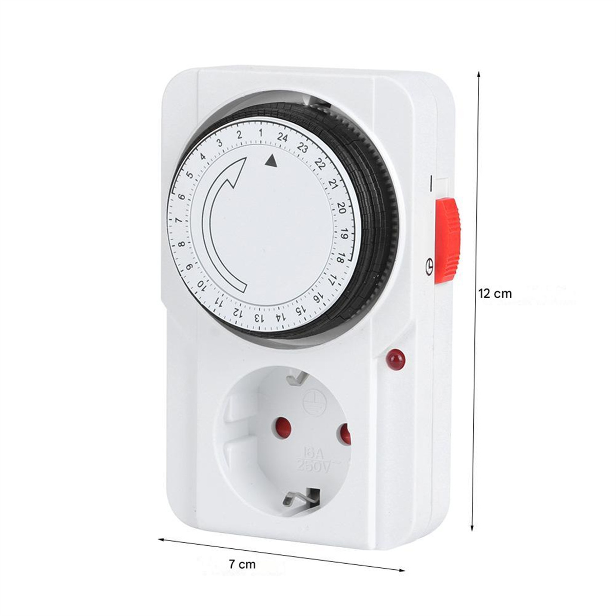 Ein weißer digitaler Timer mit einem kreisförmigen Zifferblatt, einem roten Knopf, Abmessungen 12 cm und 7 cm.
