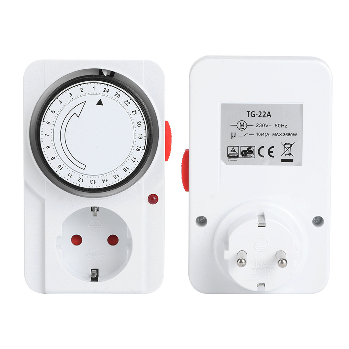 Weißer Timer mit schwarzem Zifferblatt, roten Knöpfen und Steckdose.