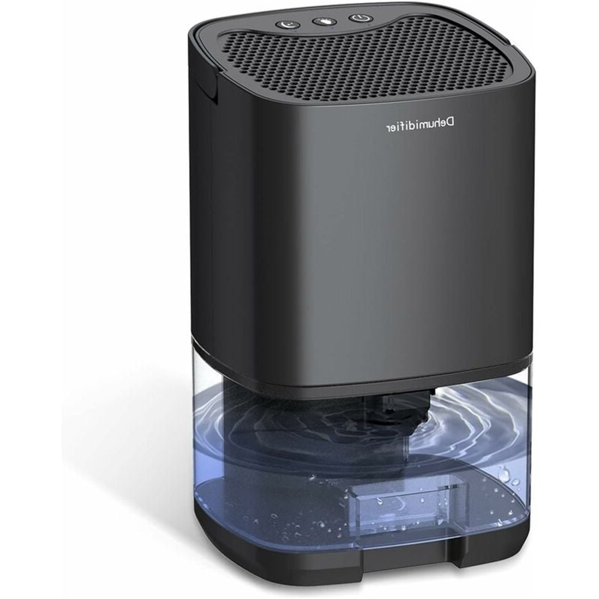 Schwarzer Luftentfeuchter mit einem transparenten Wassertank.