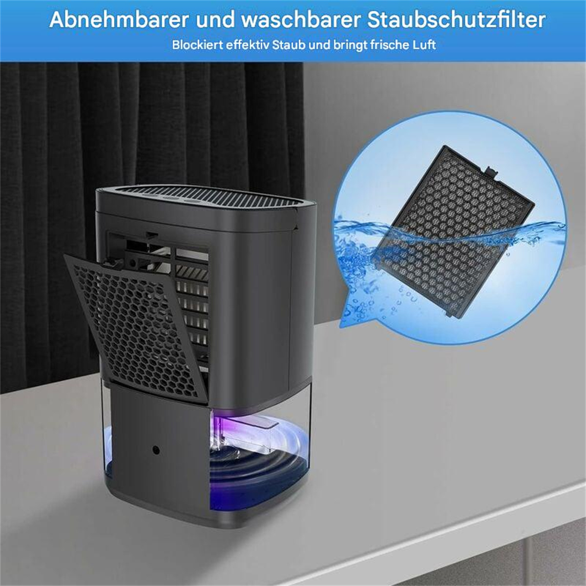 Luftreiniger mit herausnehmbarem Filter und Wasser.