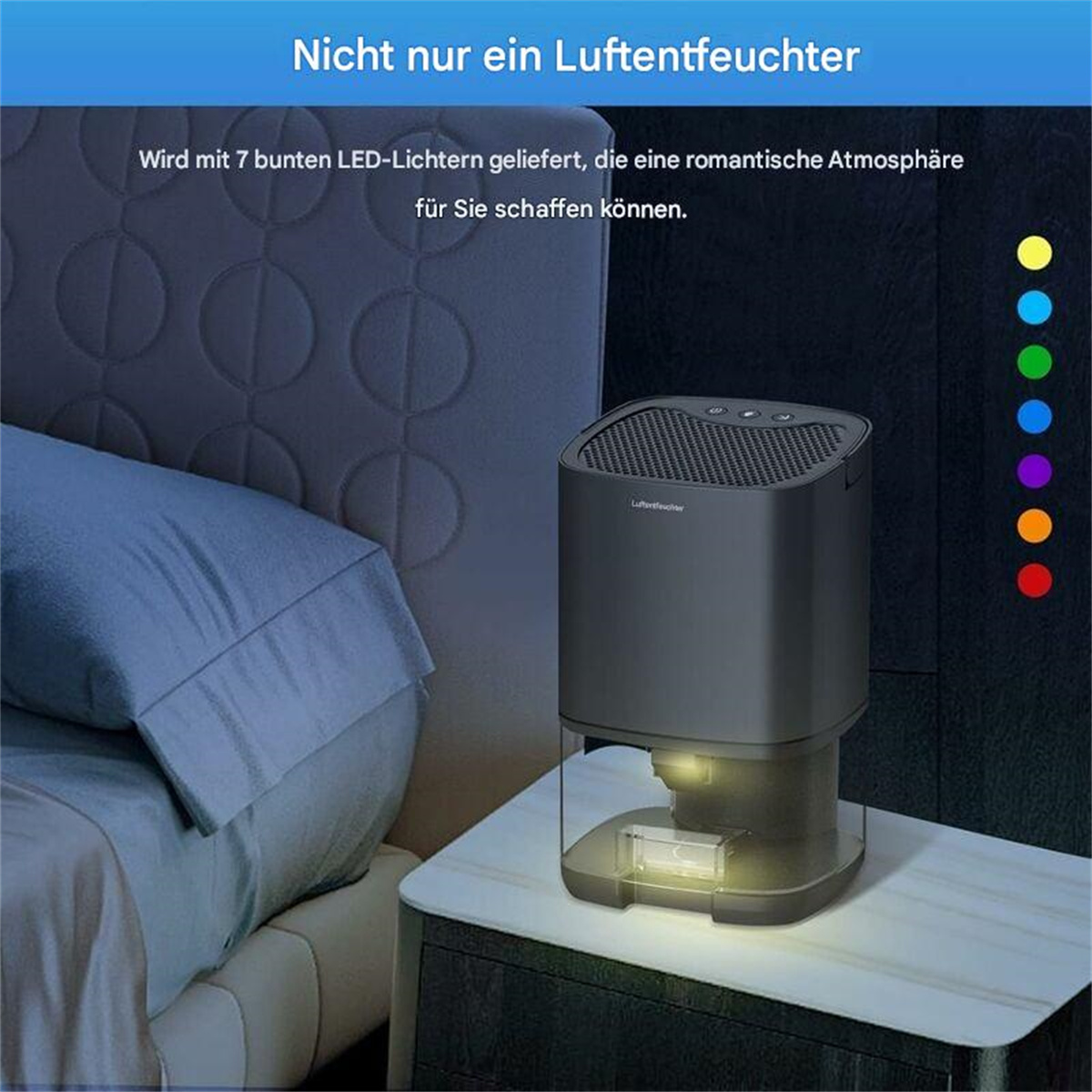 Ein schwarzer Luftreiniger auf einem Nachttisch mit einem Bett im Hintergrund und bunten Lichtern.