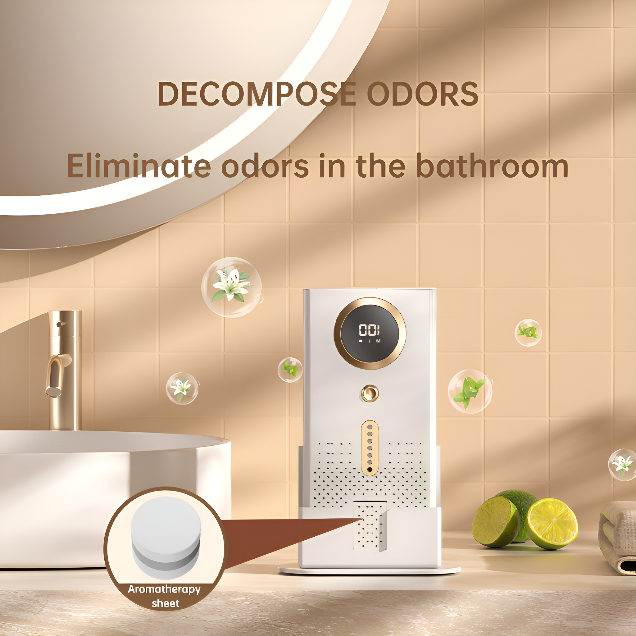 Weißes Aromatherapiegerät in einem Badezimmer mit Zitronen und Blasen.