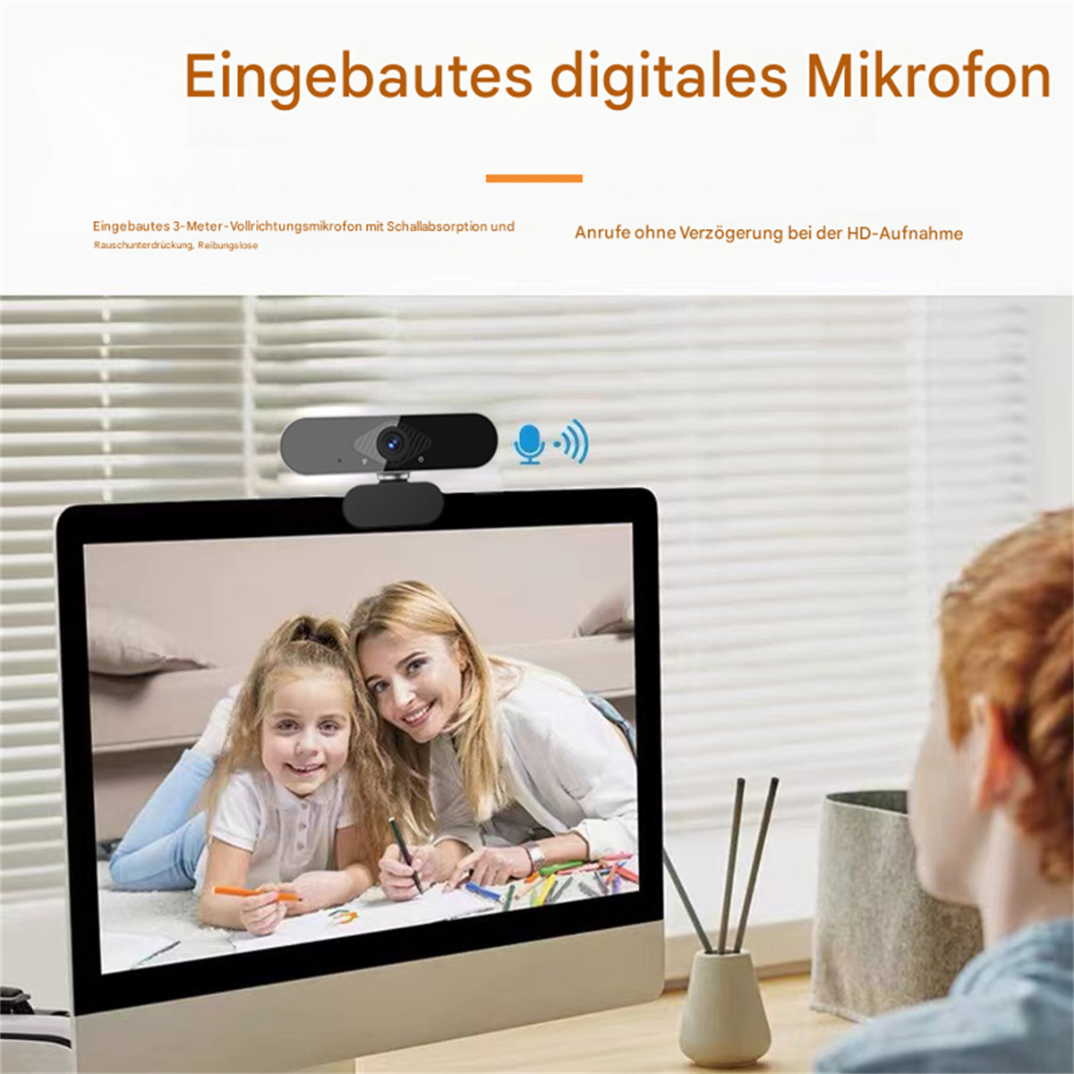 Webcam auf Monitor mit Mutter und Kind. Text auf Deutsch sichtbar.
