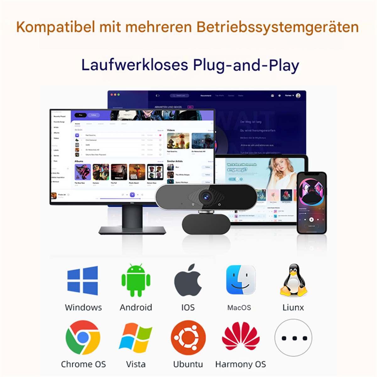 Mehrere Bildschirme mit Anwendungen und Logos von Betriebssystemen.