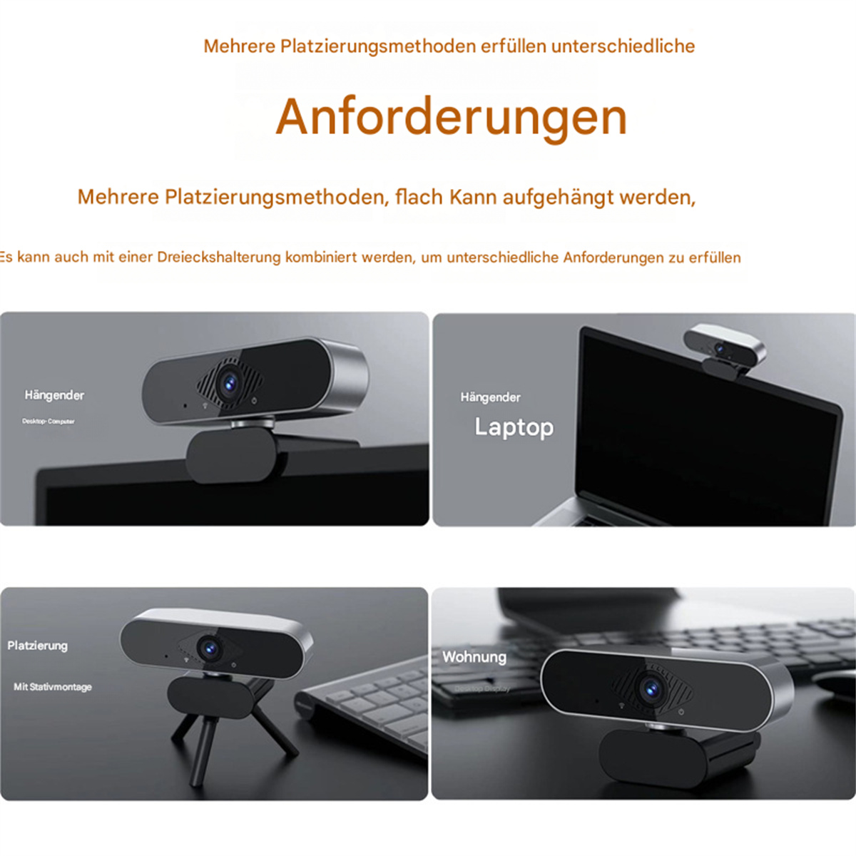 Webcam mit verschiedenen Platzierungsoptionen auf einem Monitor und Laptop.