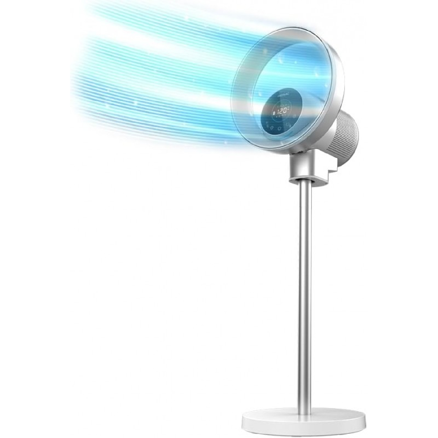 Ezüst álló ventilátor kék légárammal és digitális kijelzővel.