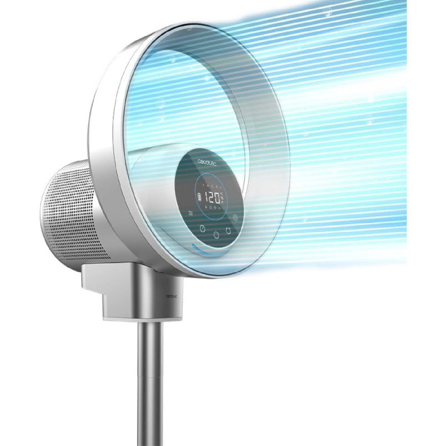 Modern, ezüst toronyventilátor digitális kijelzővel és kék légáramokkal.
