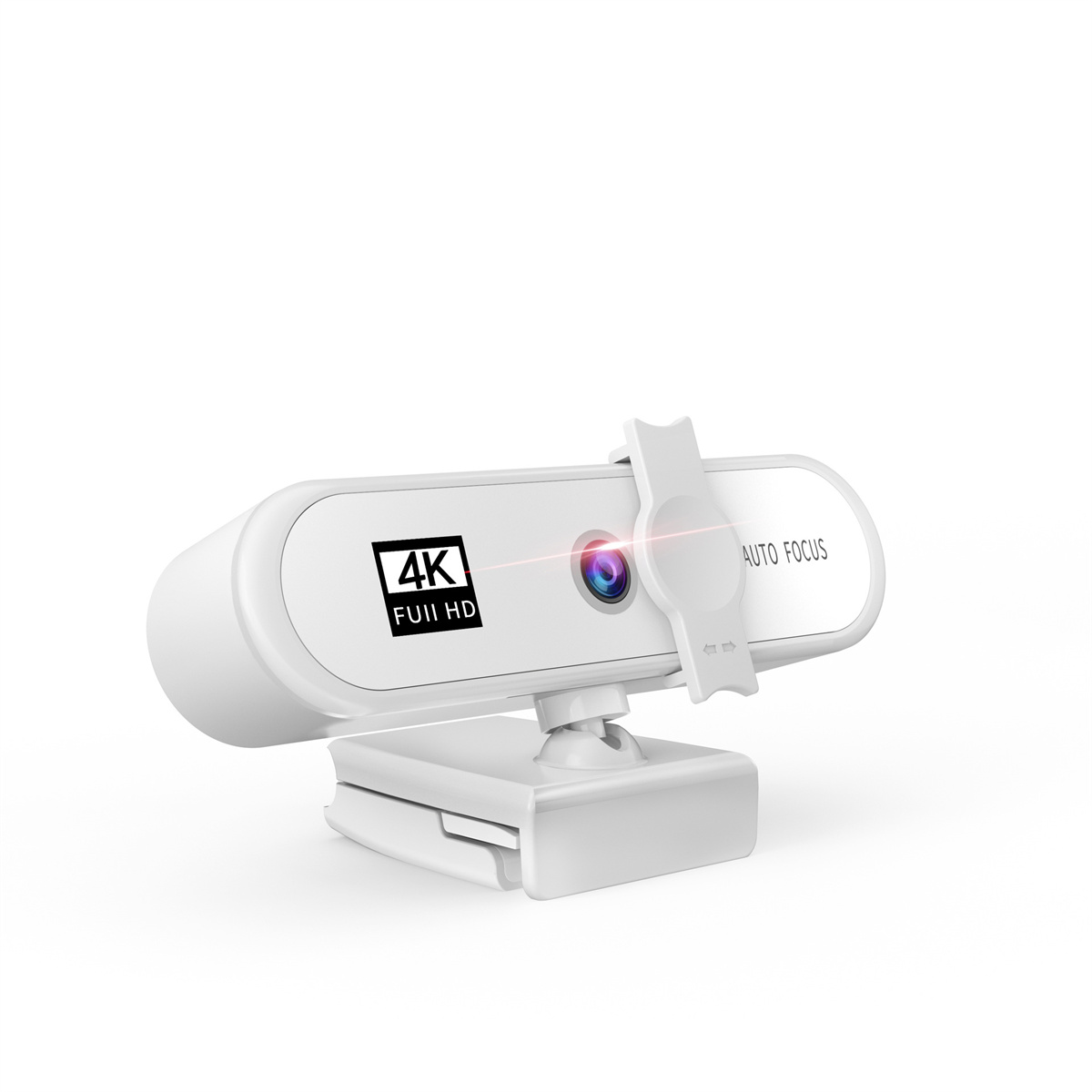 Eine weiße Webcam mit 4K-Logo, Autofokus und einer Klammer zur Befestigung an einem Monitor.