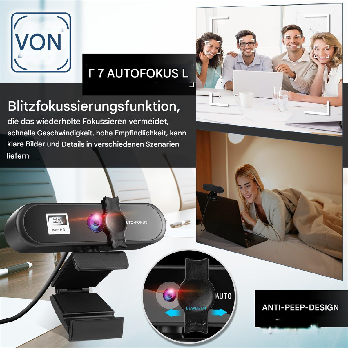 Eine Webcam mit schwarzem Ständer und einem Bildschirm mit Personen und Text.