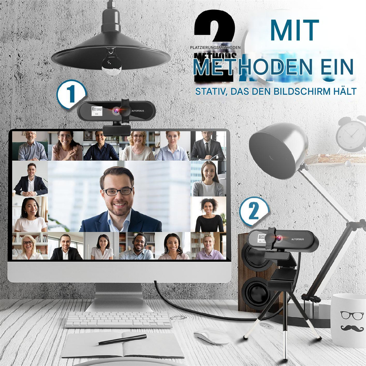 Ein Computerbildschirm, der eine Videokonferenz anzeigt. Eine Kamera ist an einem Monitor montiert, eine Lampe auf Stativ.