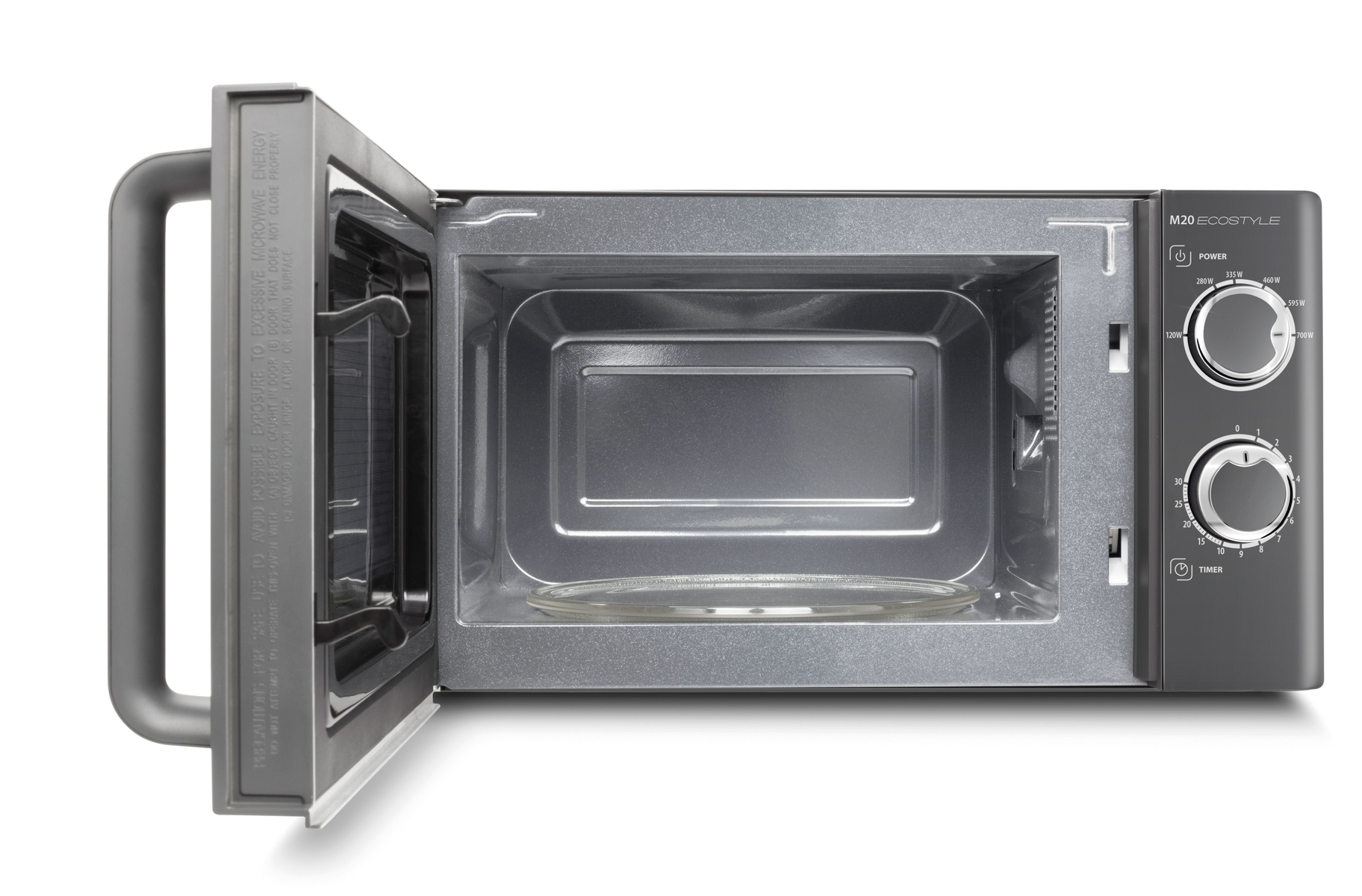 Forno a microonde con la porta aperta. L'interno è visibile, con un piatto di vetro all'interno.