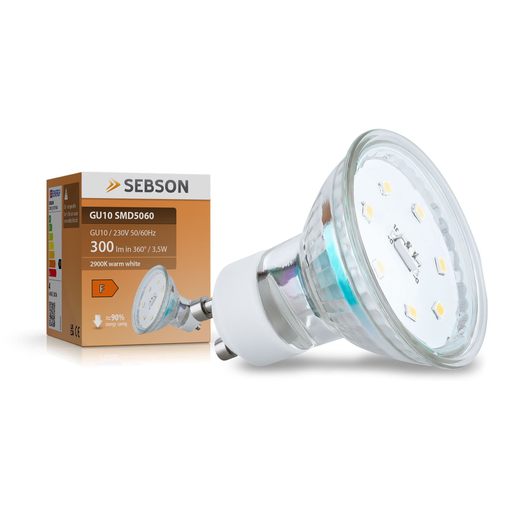 Eine GU10 LED-Glühbirne und -Box. Die Box enthält Details zur Glühbirne, zur Energieeffizienz und ein Bild der Glühbirne.