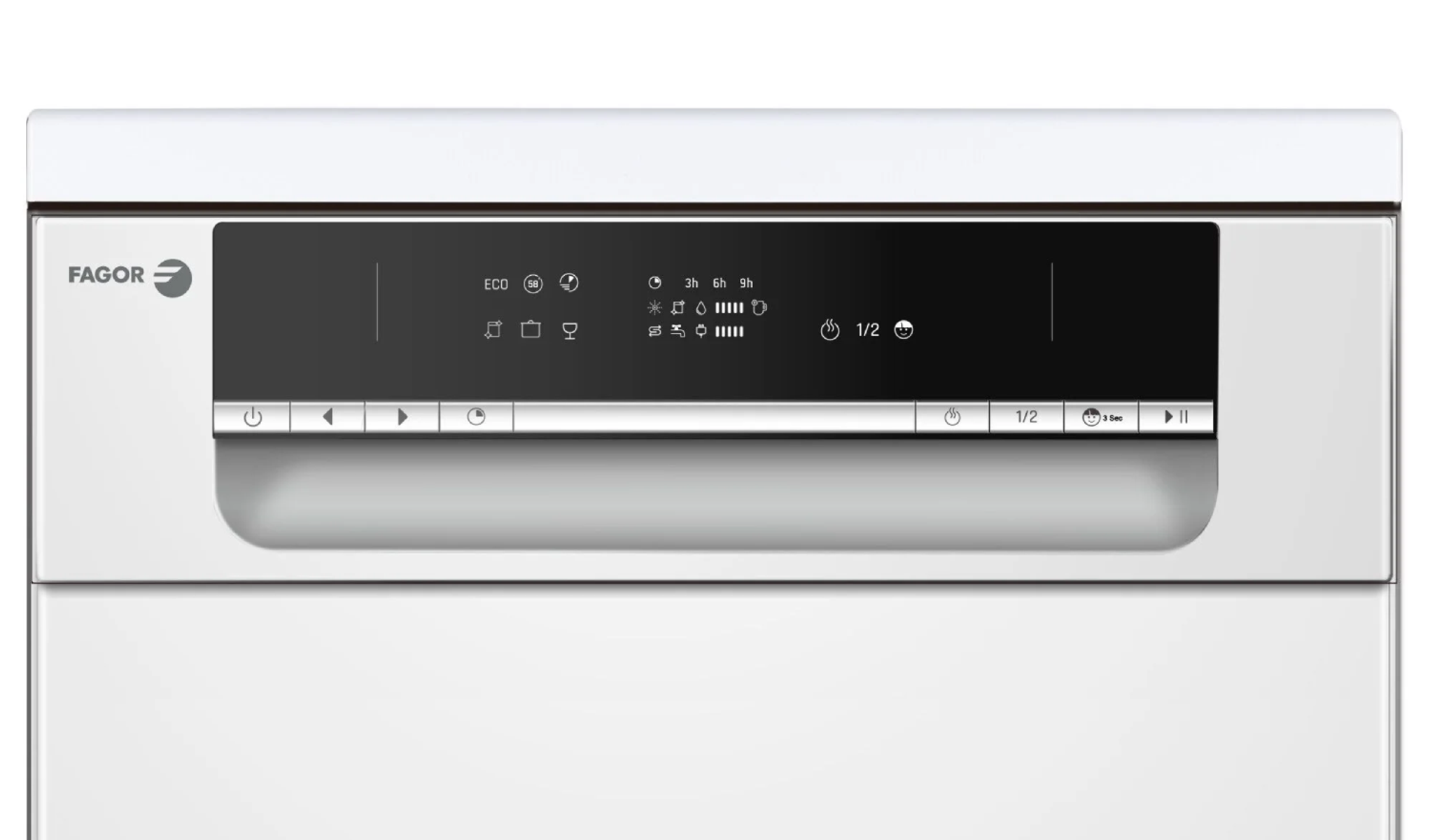 Panel de control de lavavajillas blanco con pantalla negra, iconos y botones de programa.