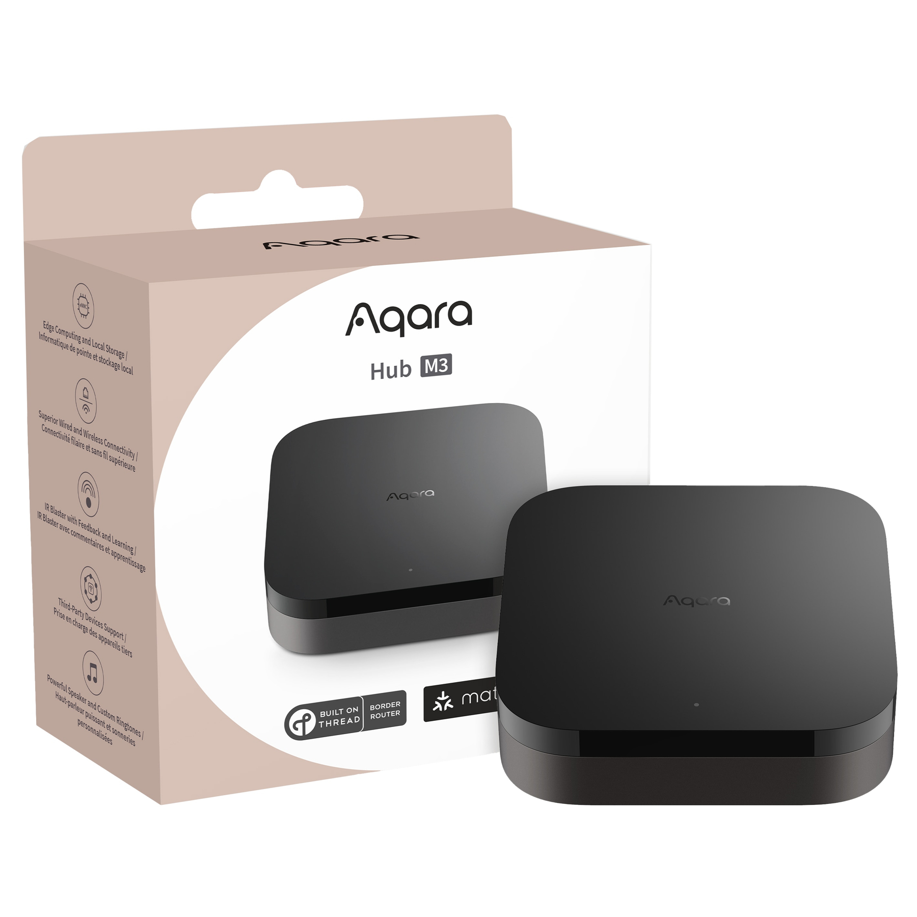Aqara Hub M3 Box und Gerät, schwarze Farbe, mit Text auf der Box.
