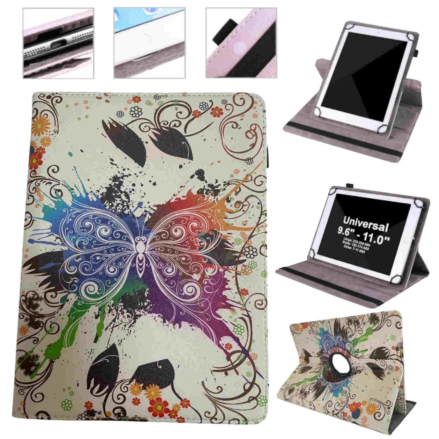 Tablethülle mit buntem Schmetterlingsdesign. Verschiedene Anzeigewinkel werden gezeigt.