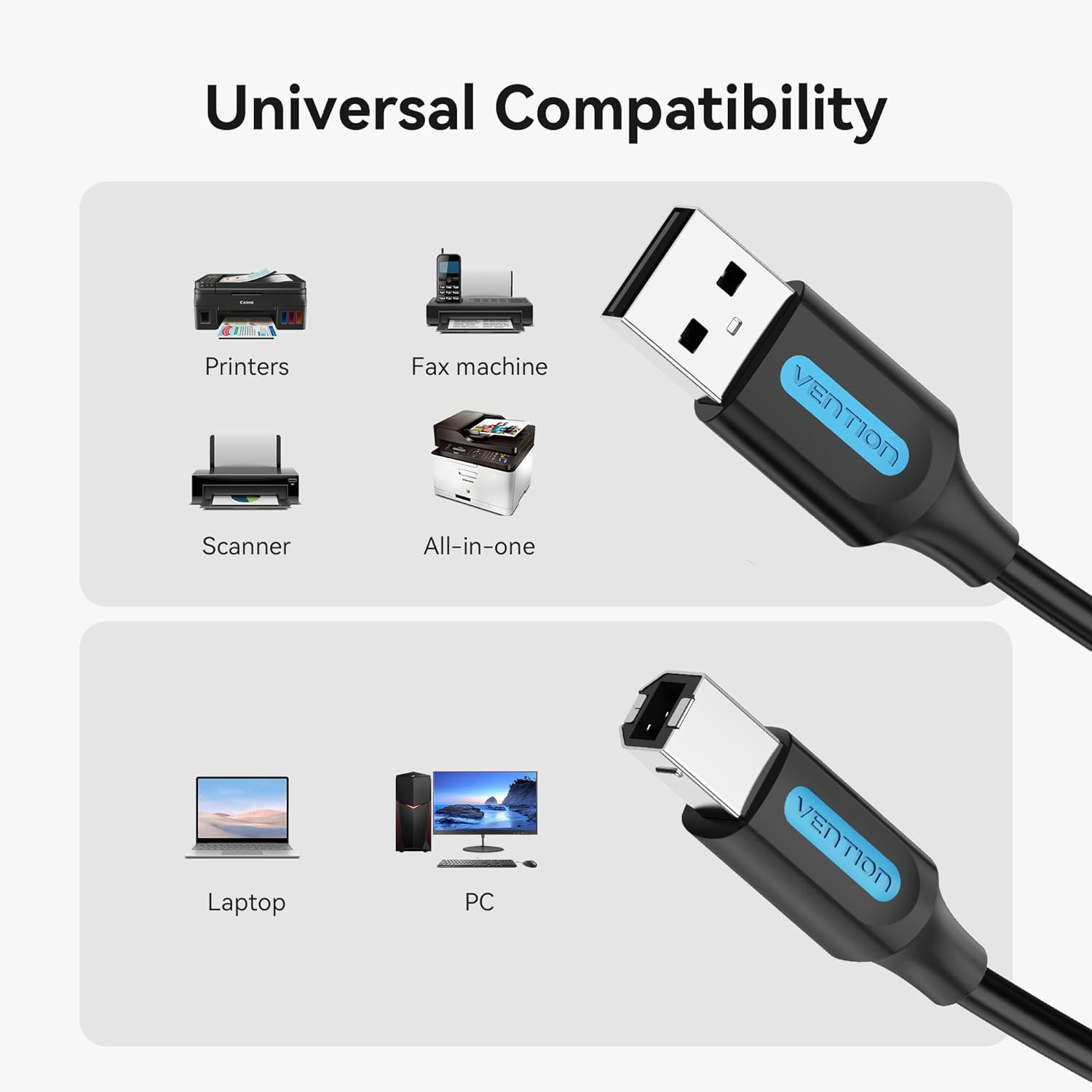L'image montre un câble USB et divers appareils auxquels il peut se connecter : imprimantes, fax, ordinateurs portables et PC.