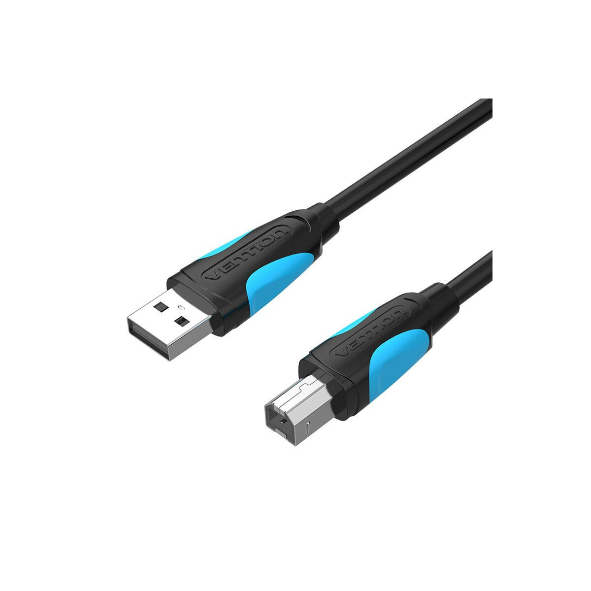 Due cavi USB neri con dettagli blu su sfondo bianco, etichettati Vention.