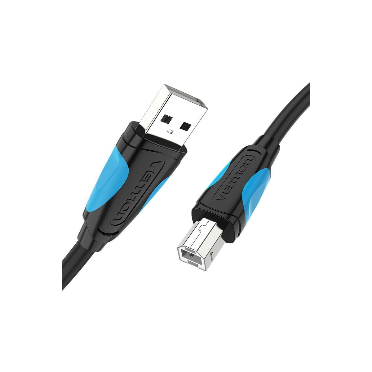 Un cavo USB nero con accenti blu, con un connettore USB e mini-USB.