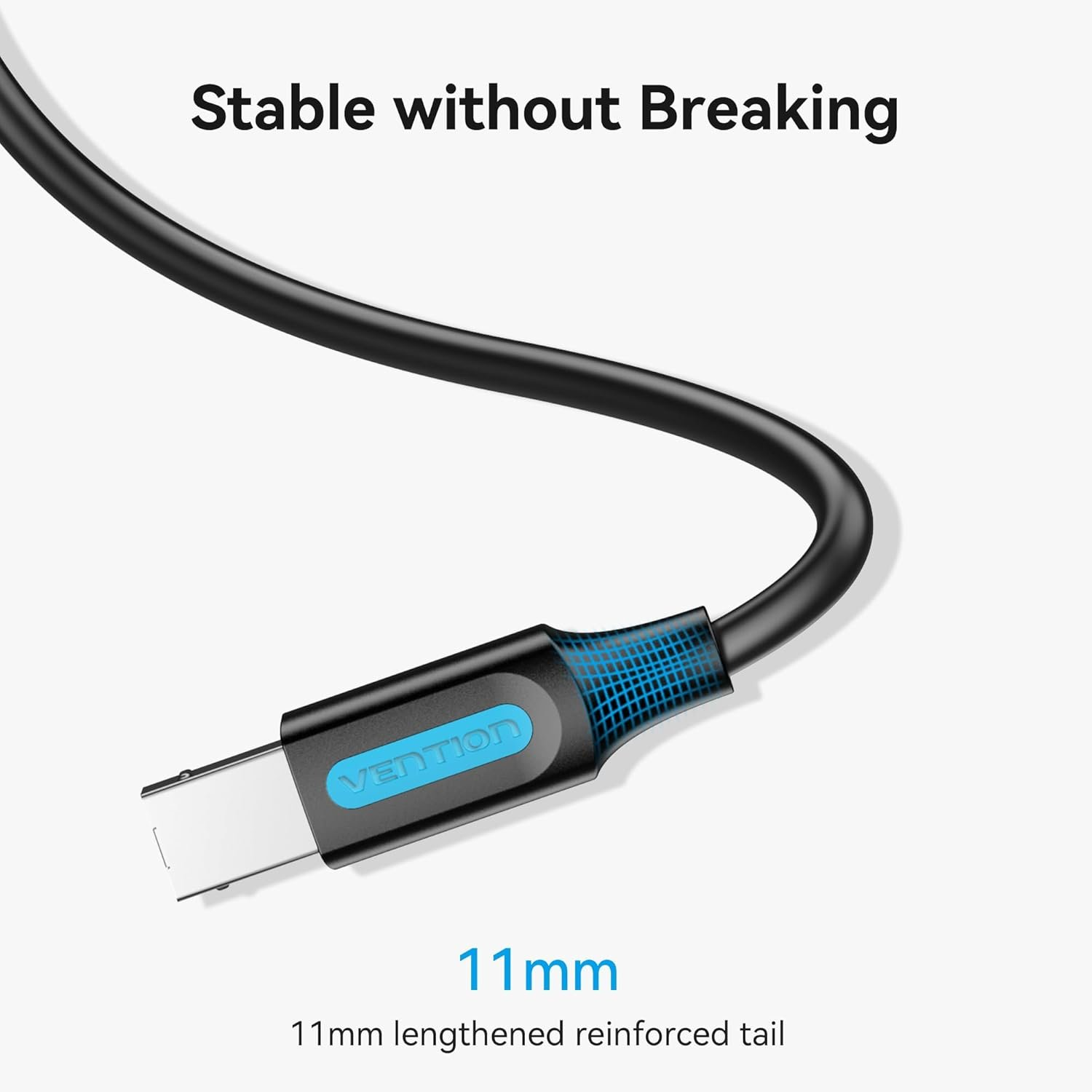 Schwarzes USB-C-Kabel mit blauer Vention-Markierung, weißer Hintergrund, Text: 11 mm.