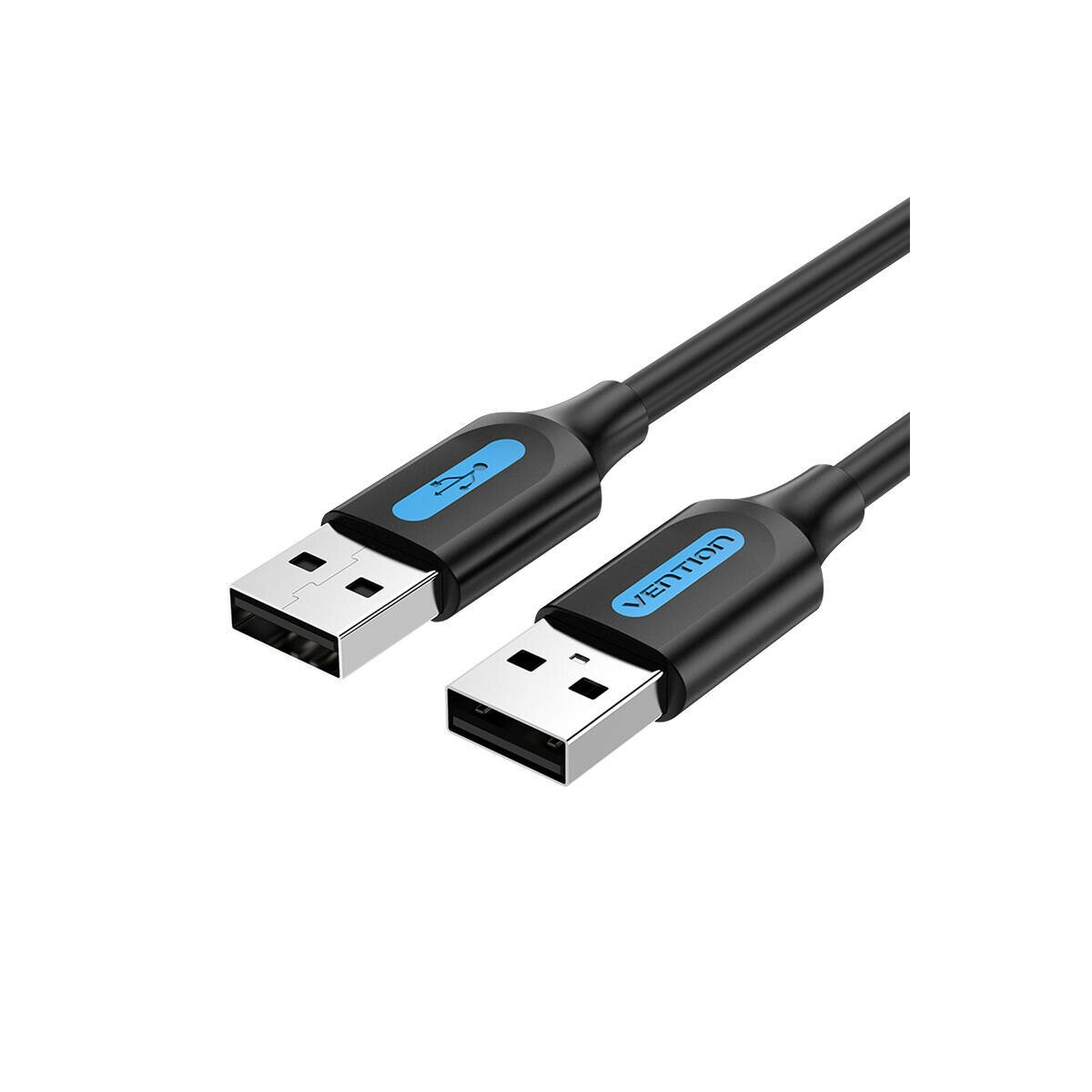 Twee USB-kabels, zwart met blauwe accenten en zilveren connectoren.