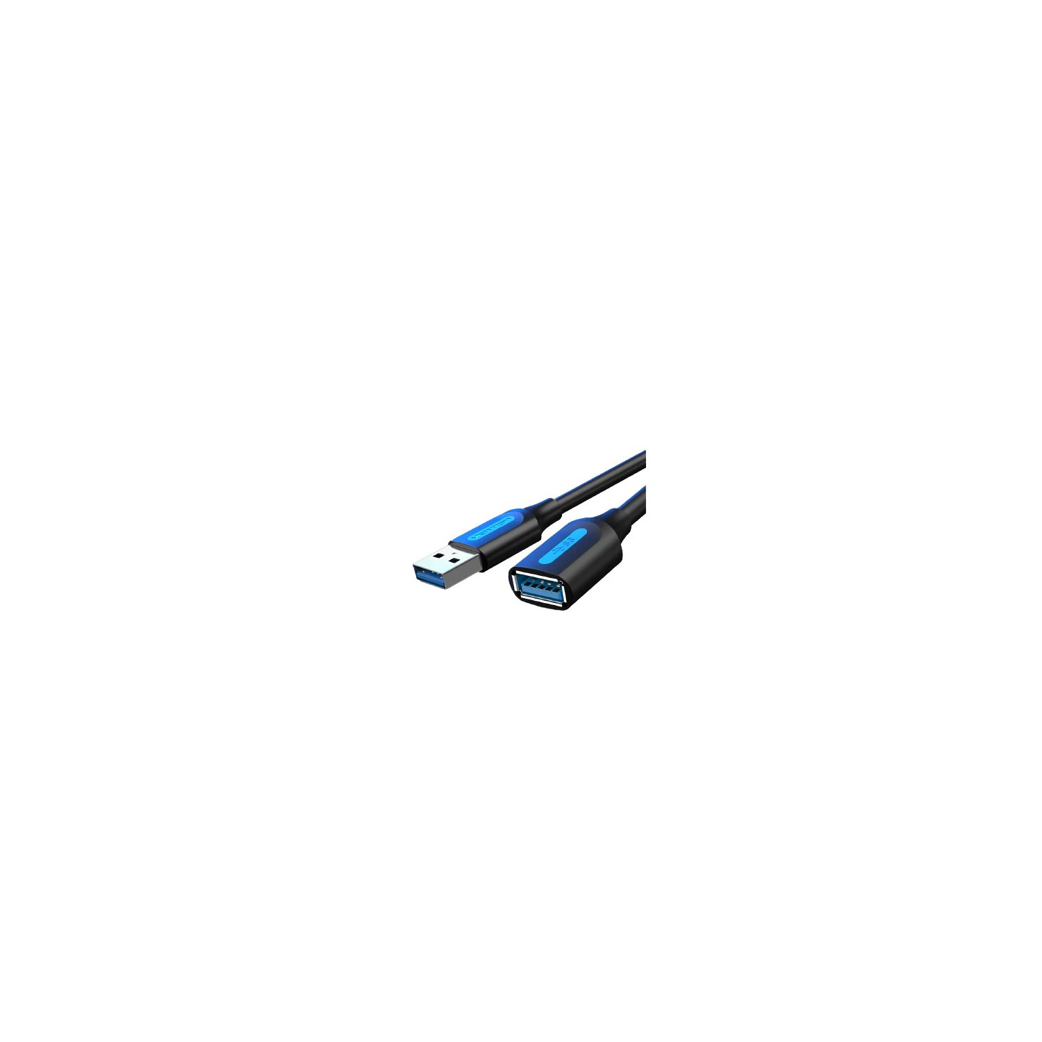 Een zwarte USB-kabel met blauwe lampjes, tegen een witte achtergrond.