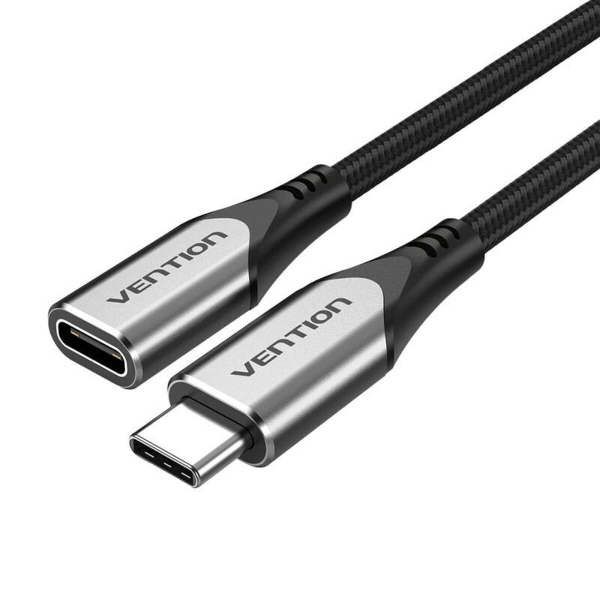Due cavi USB-C Vention neri e argentati collegati insieme.