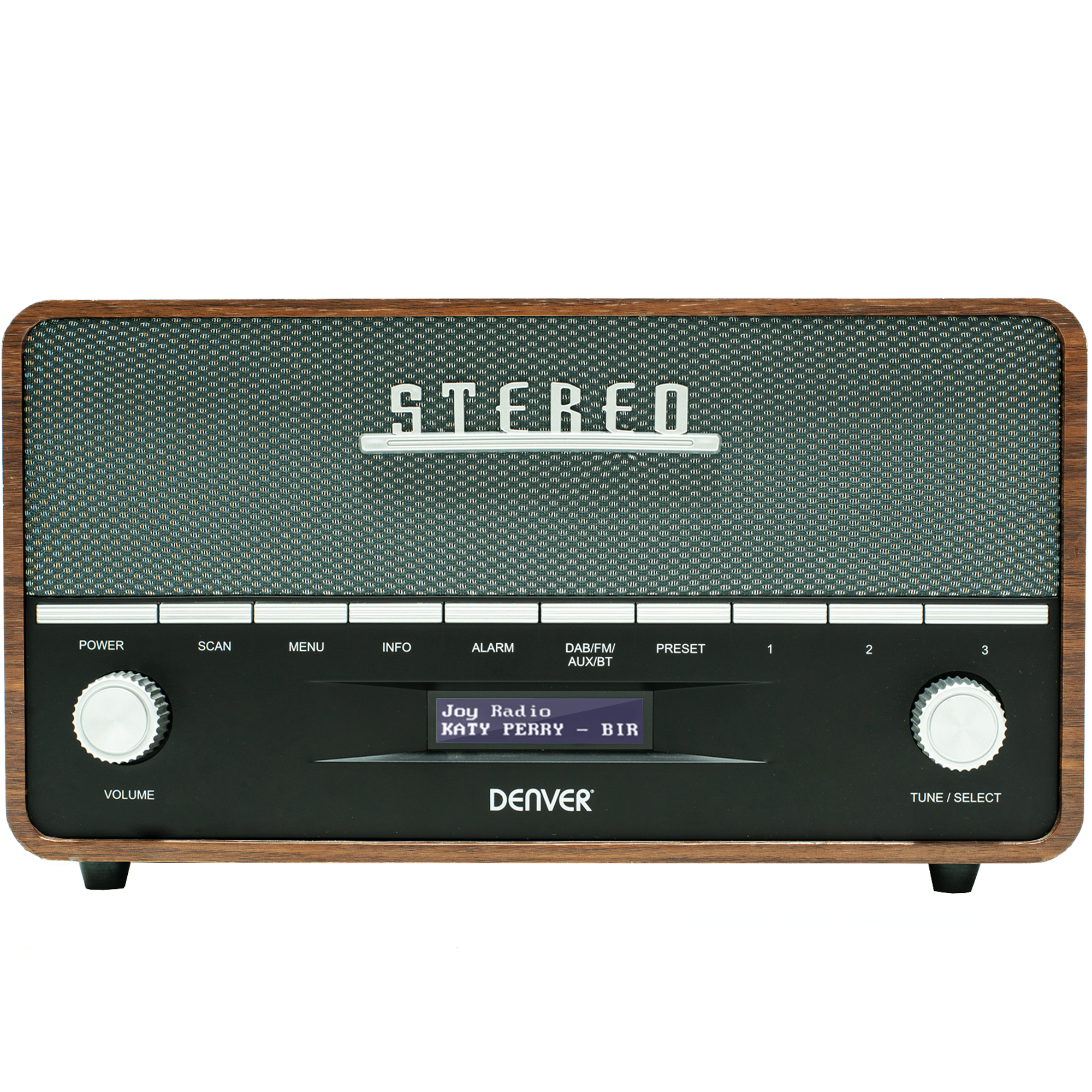 Radio w stylu retro z drewnianym wykończeniem, czarnym panelem przednim i wyświetlaczem z "Joy Radio" i "Katy Perry".