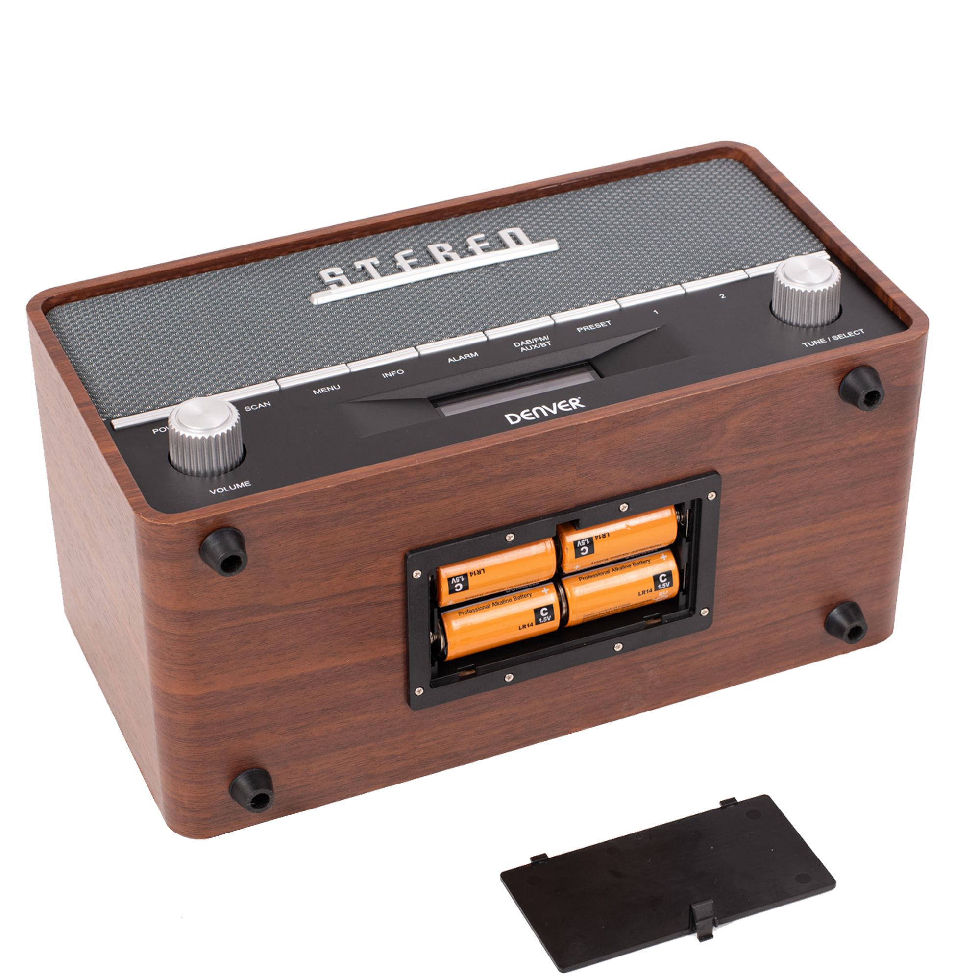 Drewniane radio stereo z głośnikami i otwartą komorą baterii.