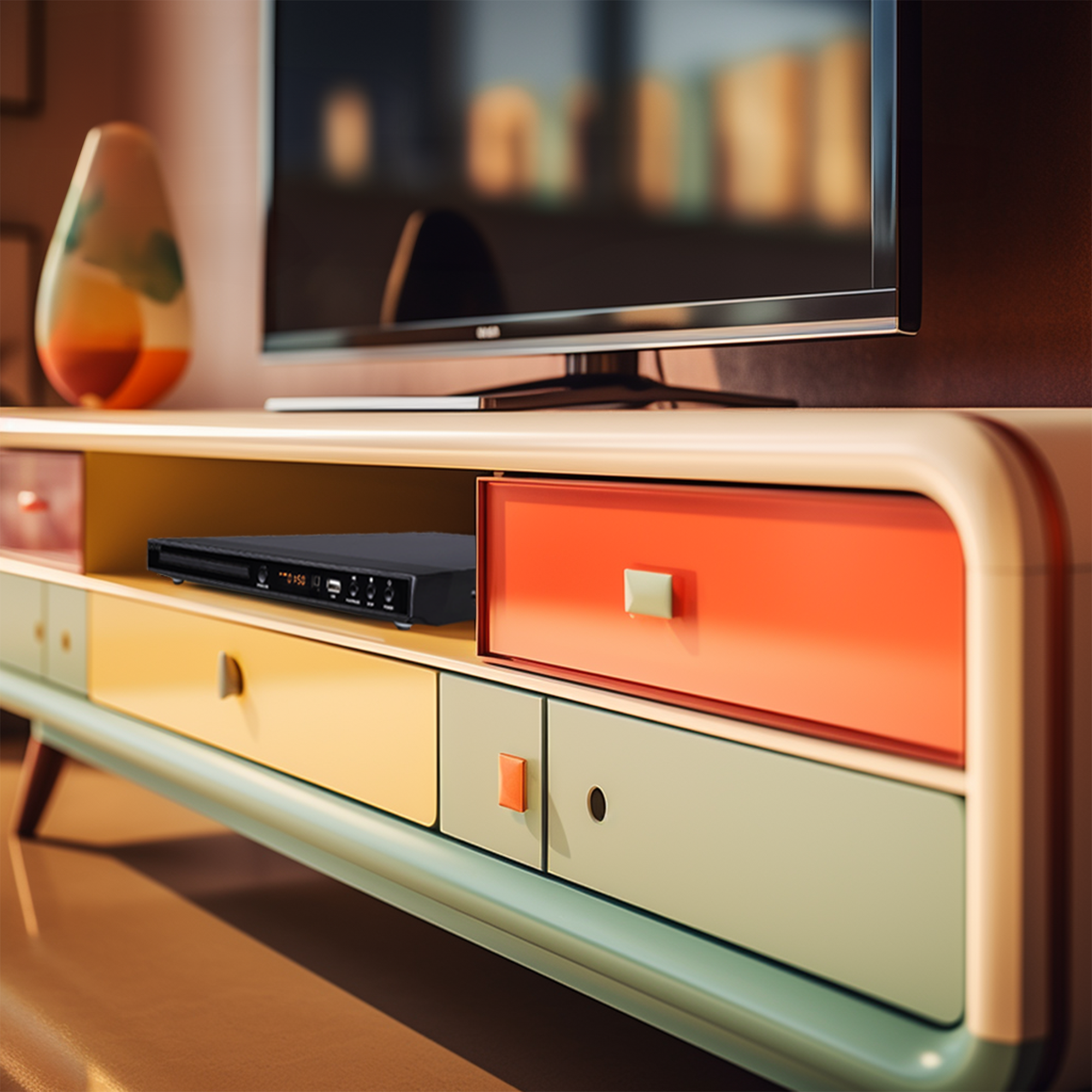 Centrum rozrywki z telewizorem, odtwarzaczem DVD, szufladami.