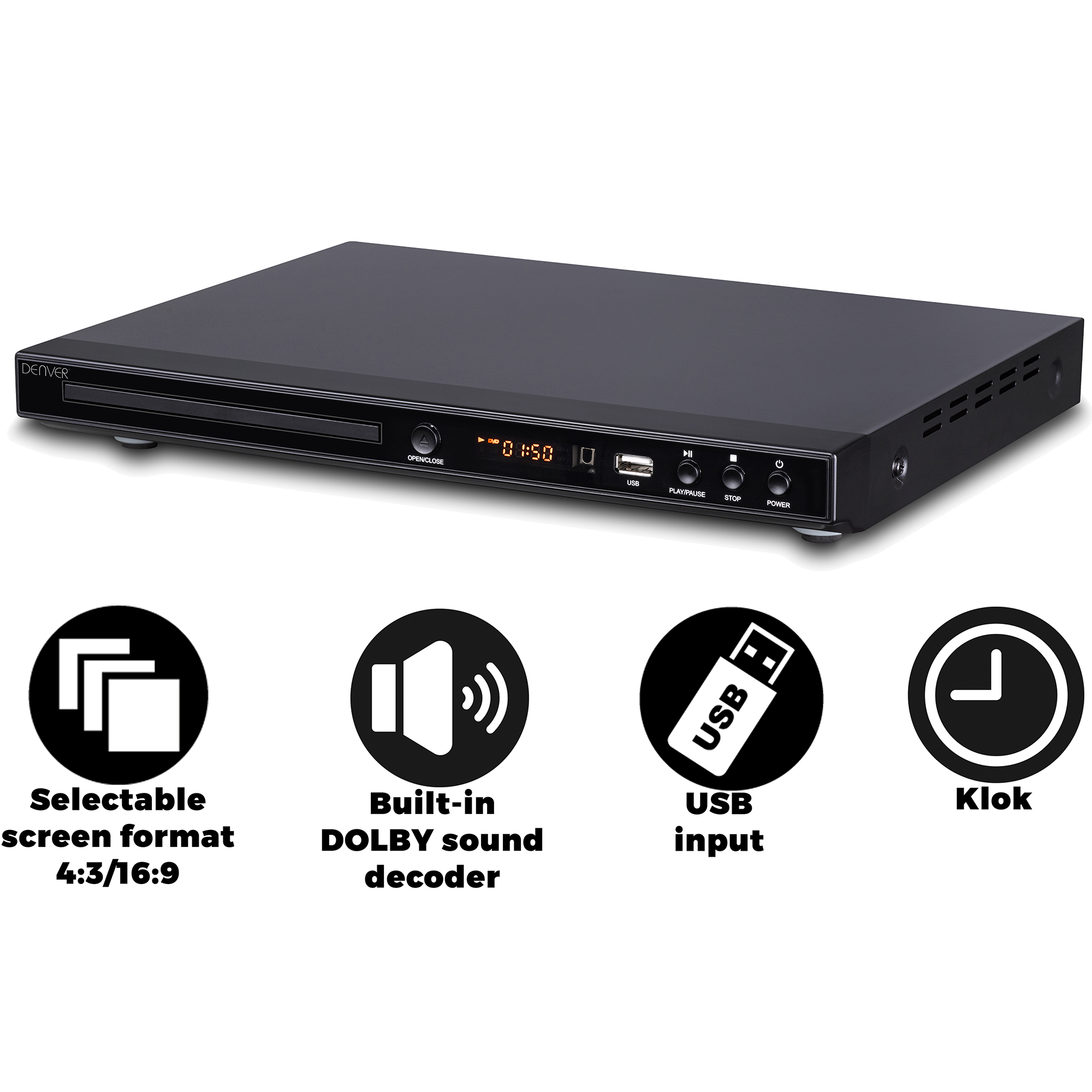 Czarny odtwarzacz DVD z przyciskami i ikonami na białym tle.