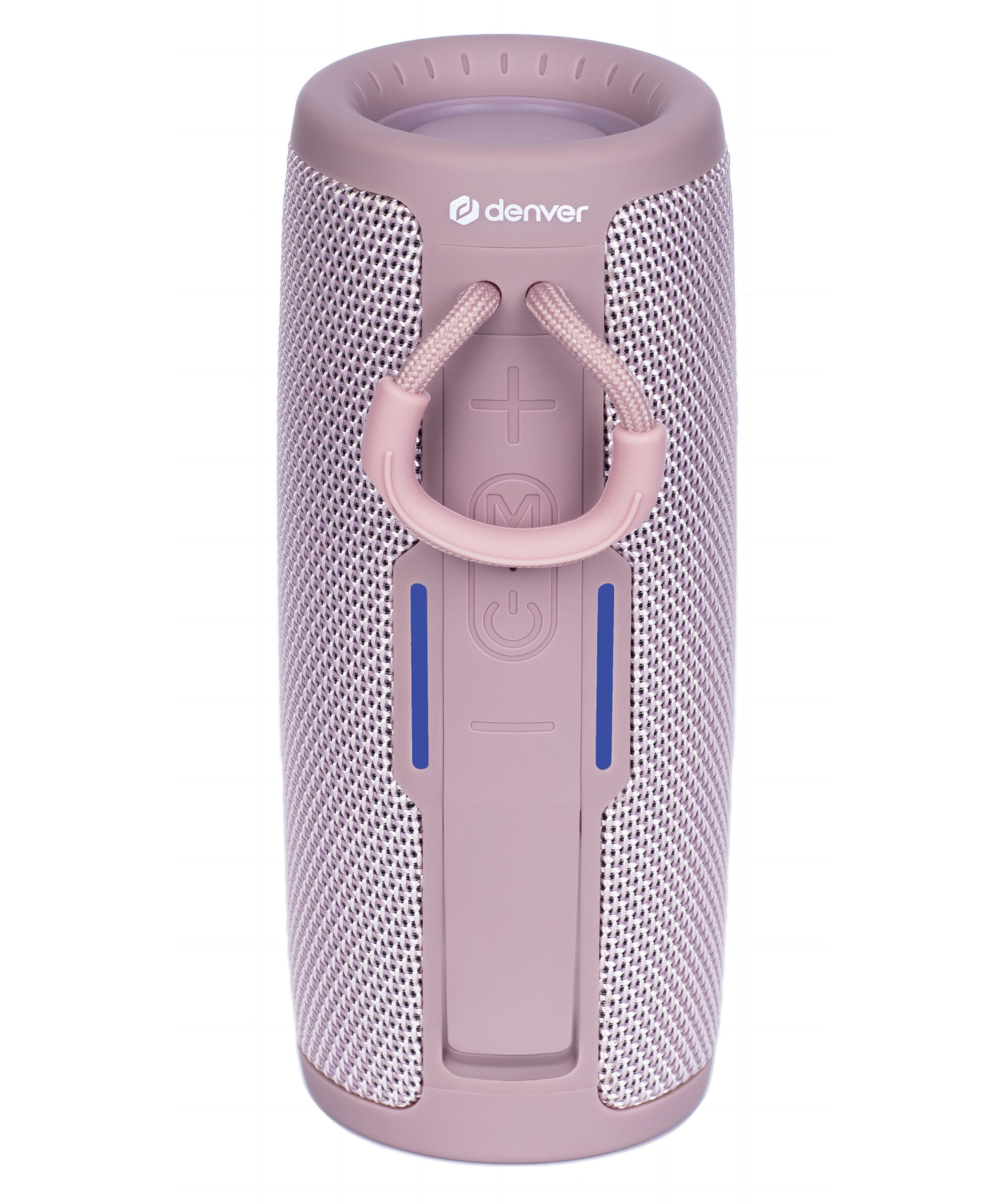 Roze luidspreker met mesh-ontwerp, handvat en knoppen zichtbaar.