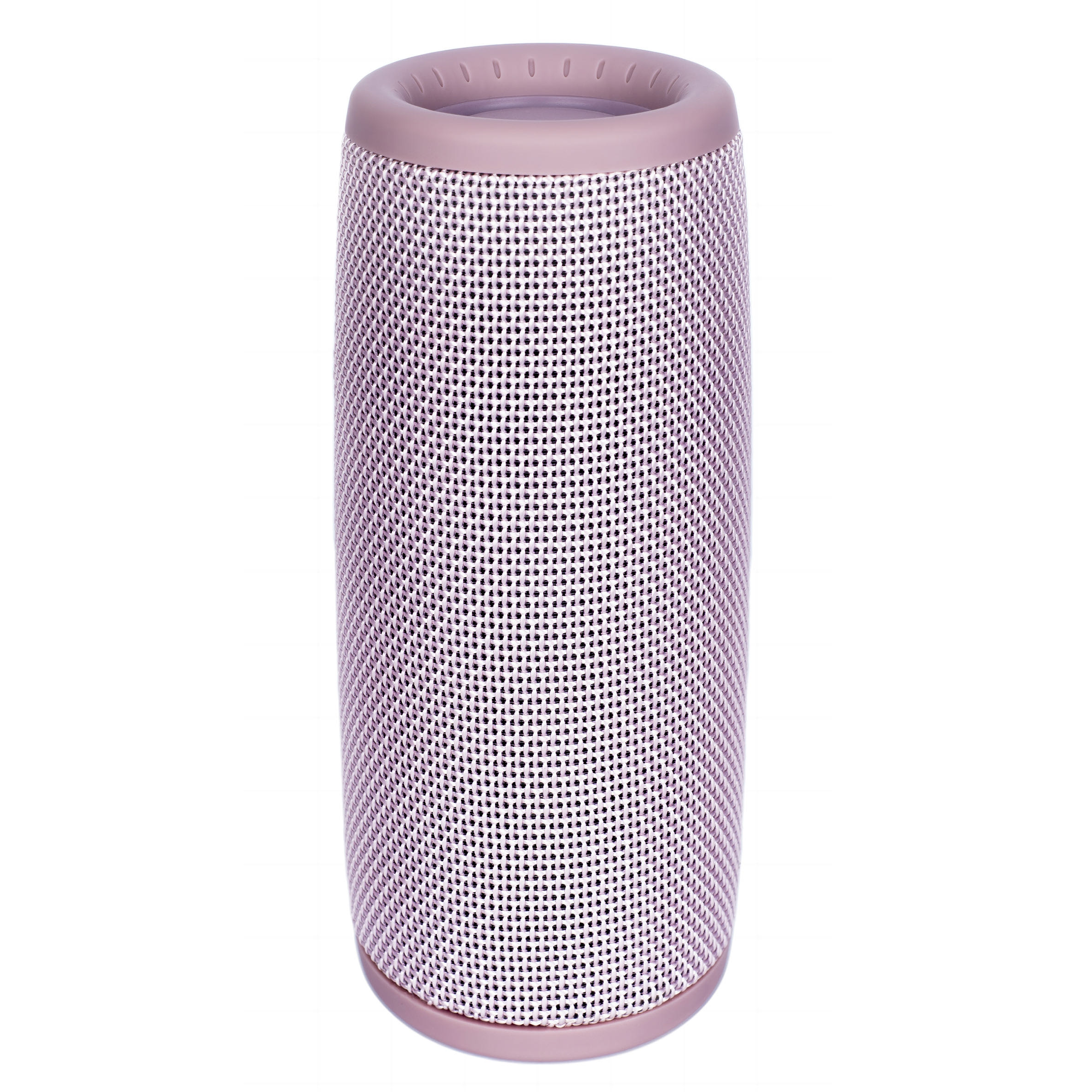 Cilindrische luidspreker met een roze mesh cover.
