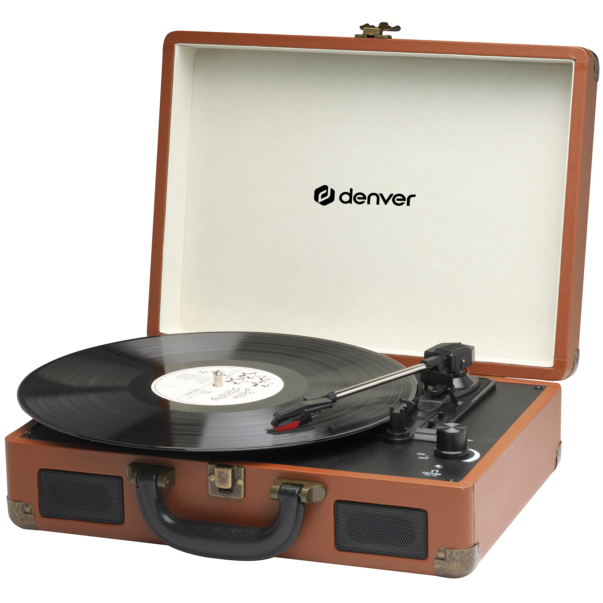 Gramofon w stylu retro w brązowej obudowie, z czarną płytą winylową. Otwarty.