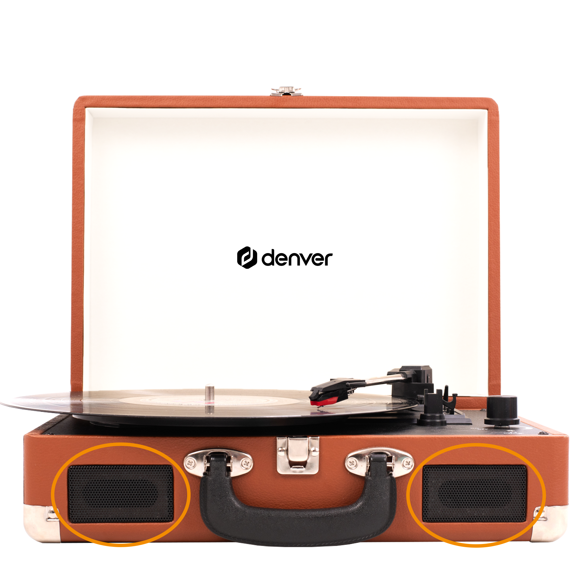 Brązowy gramofon z płytą. Głośniki są podświetlone z przodu.