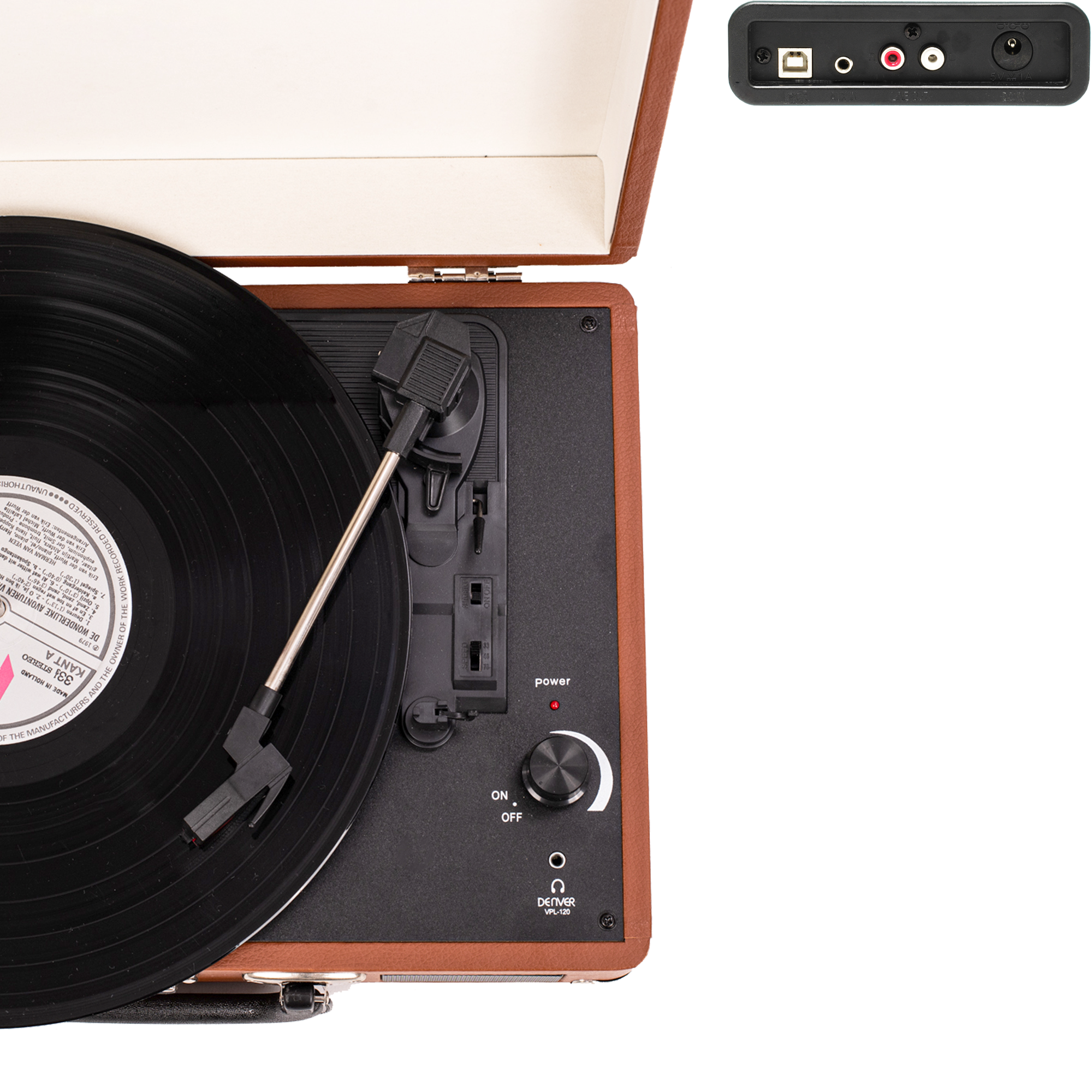 Gramofon z płytą, przyciskiem zasilania i zbliżeniem portów.