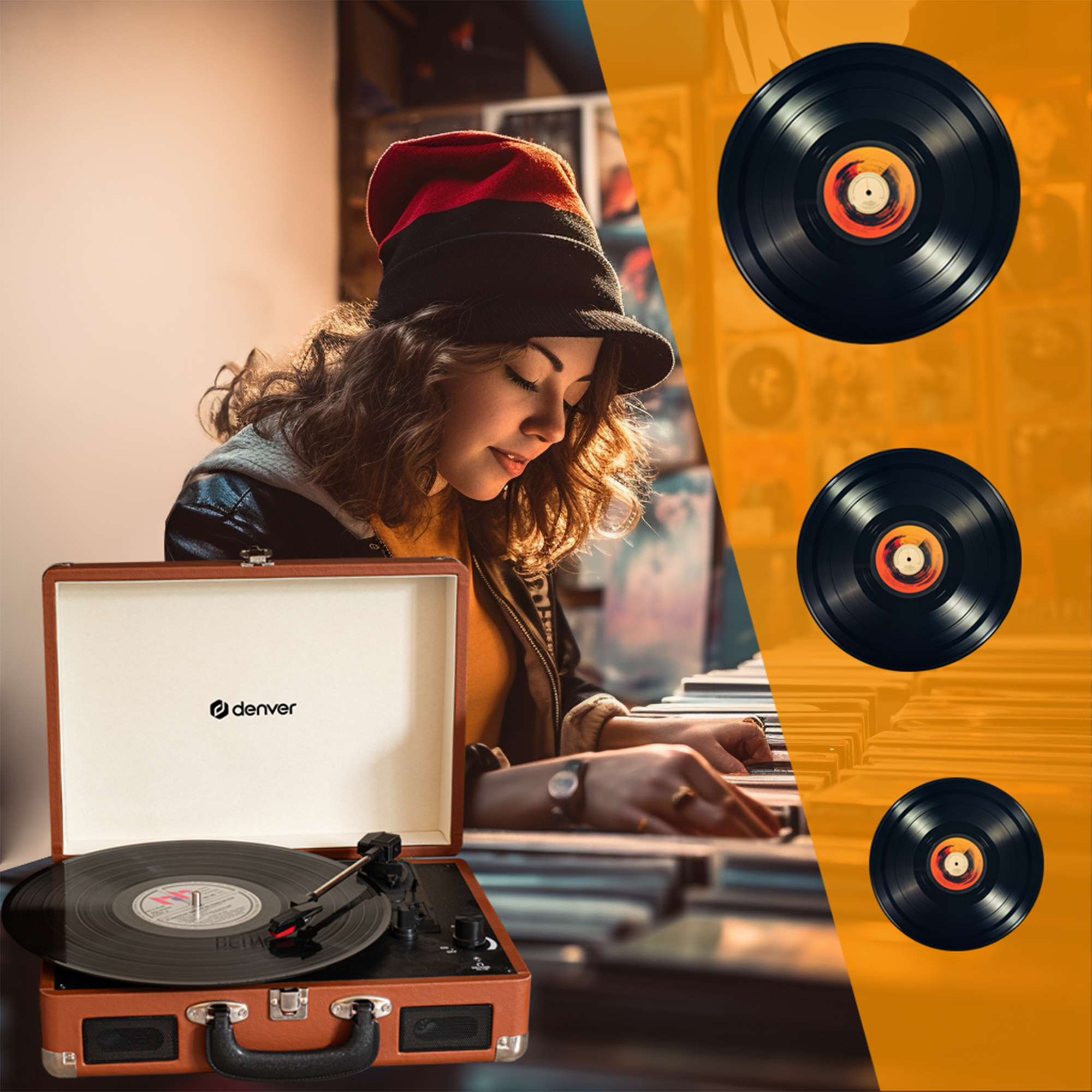 Kobieta słucha gramofonu. Płyty winylowe z boku. Brązowe i pomarańczowe tony.