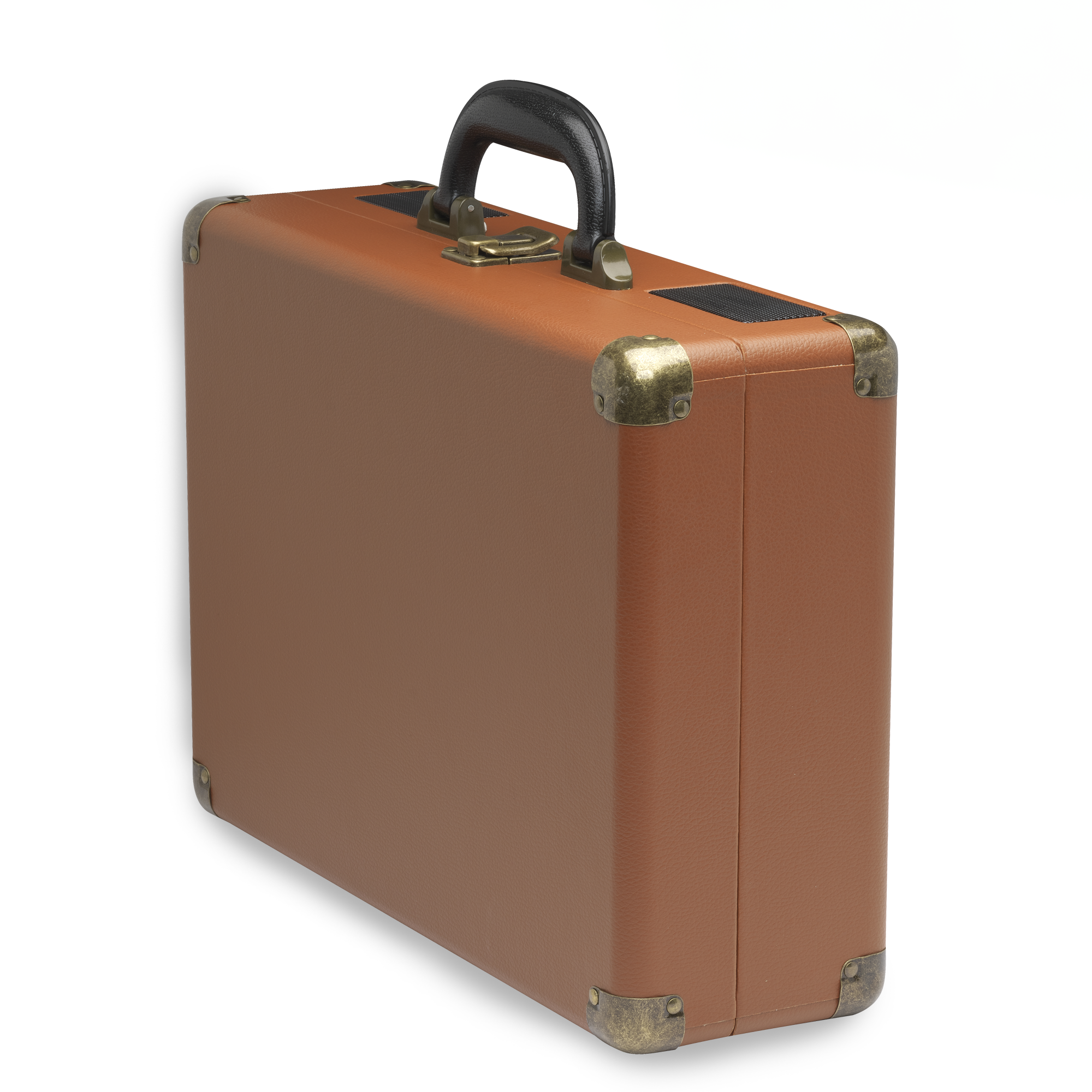 Brązowa walizka z czarnym uchwytem i metalowymi narożnikami. Stoi na białej powierzchni. Widok z boku.
