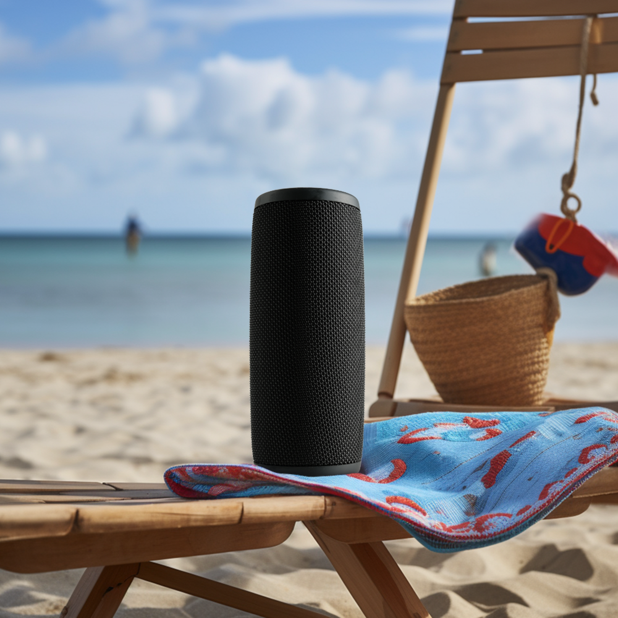 Czarny głośnik przenośny na drewnianym leżaku z niebieskim ręcznikiem, w tle plaża i morze.