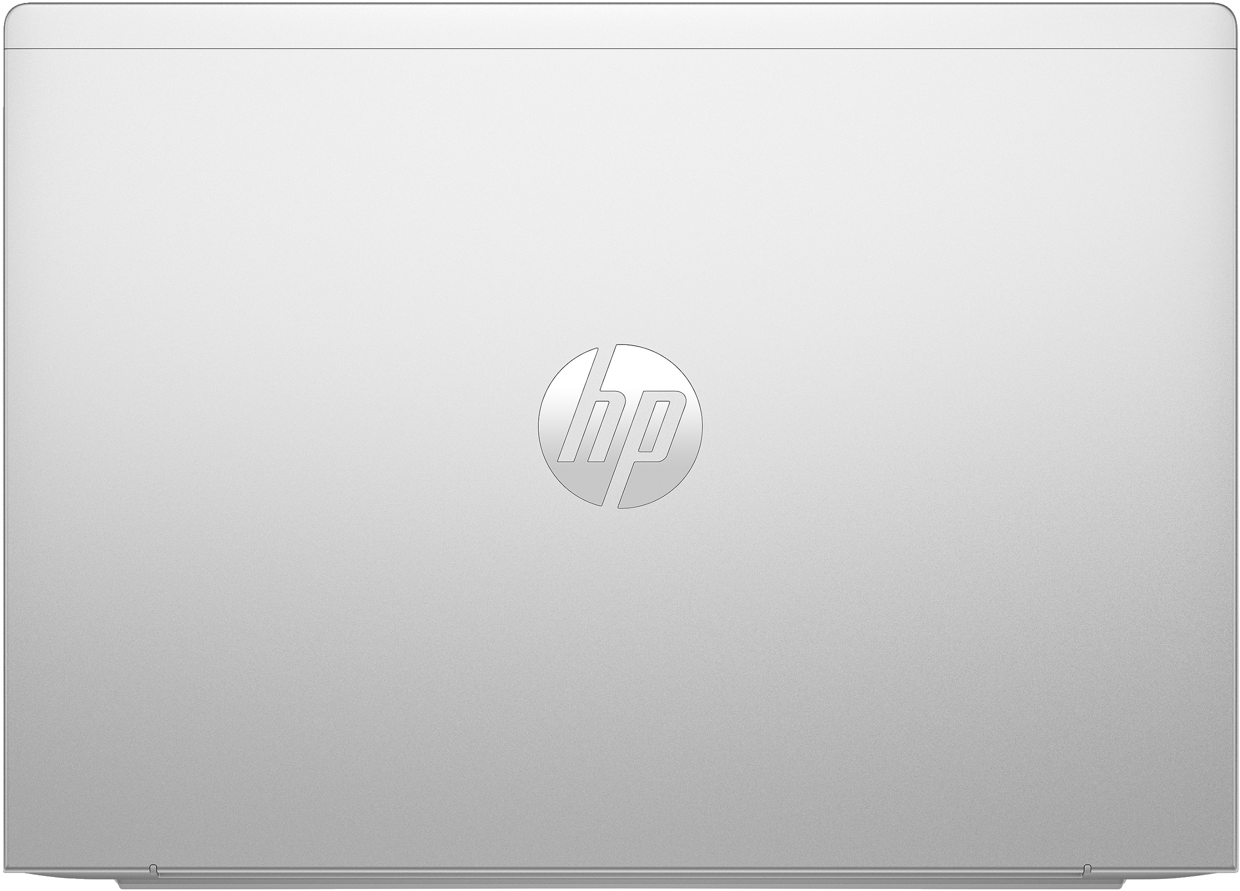 Laptop argentato, chiuso, con logo HP al centro. Il coperchio è liscio e riflettente.