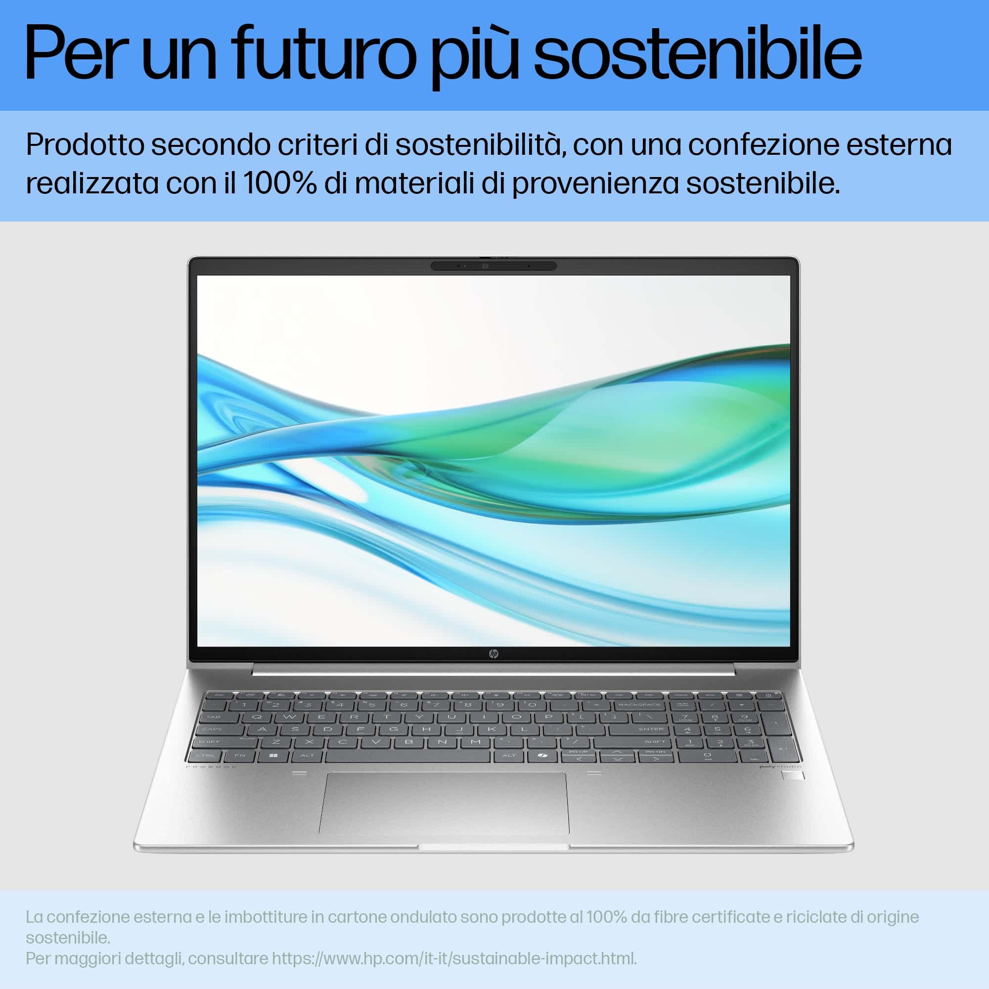 Un laptop argentato con il testo 'Per un futuro più sostenibile' e info sull'imballaggio sostenibile.
