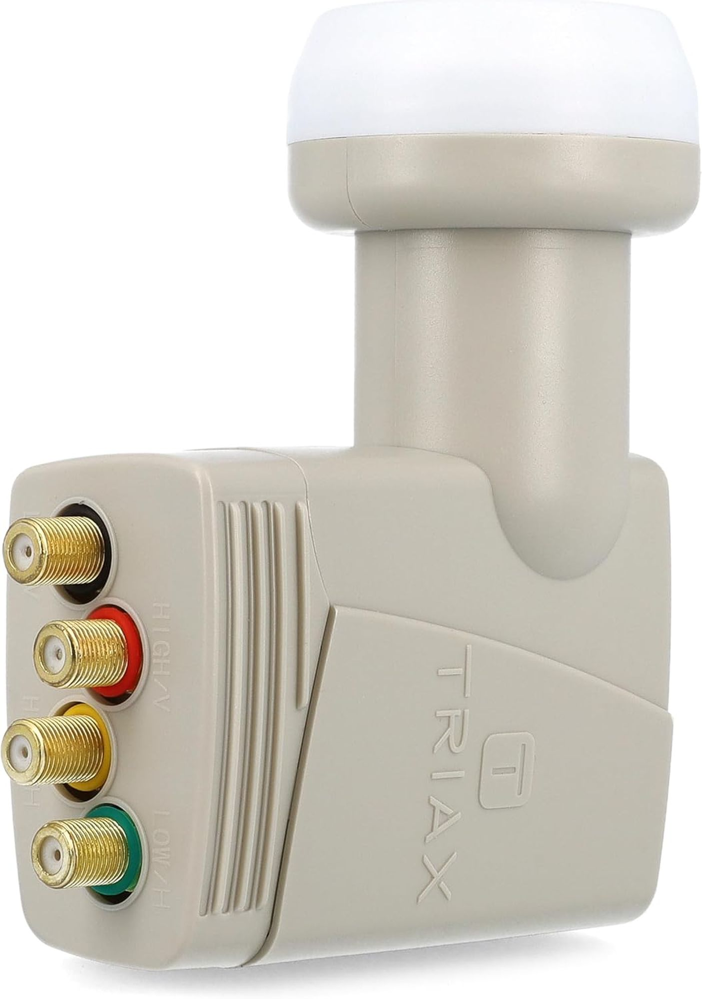 Satelliten-LNB-Empfänger mit mehreren Eingangsanschlüssen und dem Text: TRIAX an der Seite.