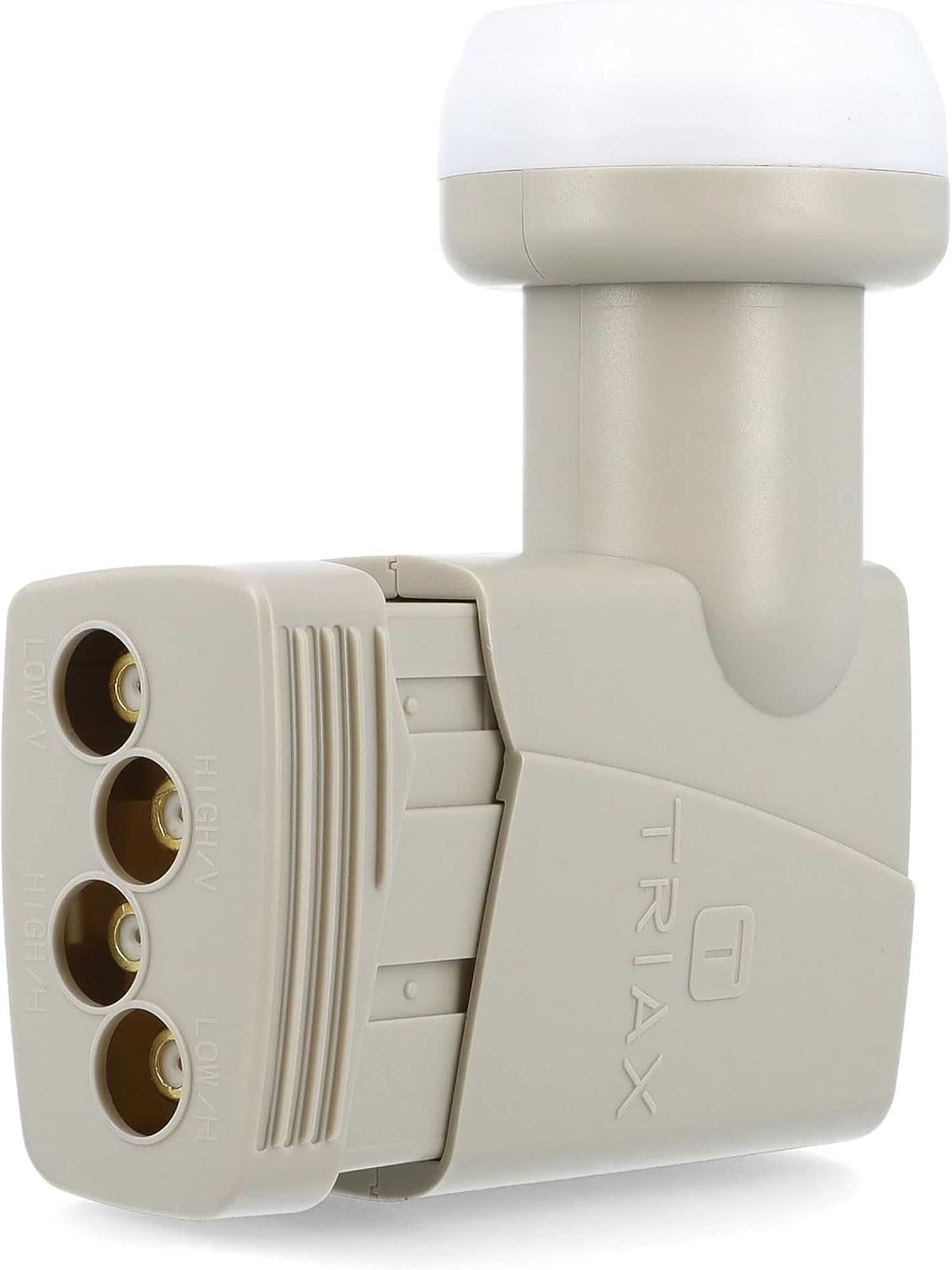 Satelliten-LNB mit drei Eingangsanschlüssen. Es ist ein beiges und weißes Gerät mit dem Triax-Logo.