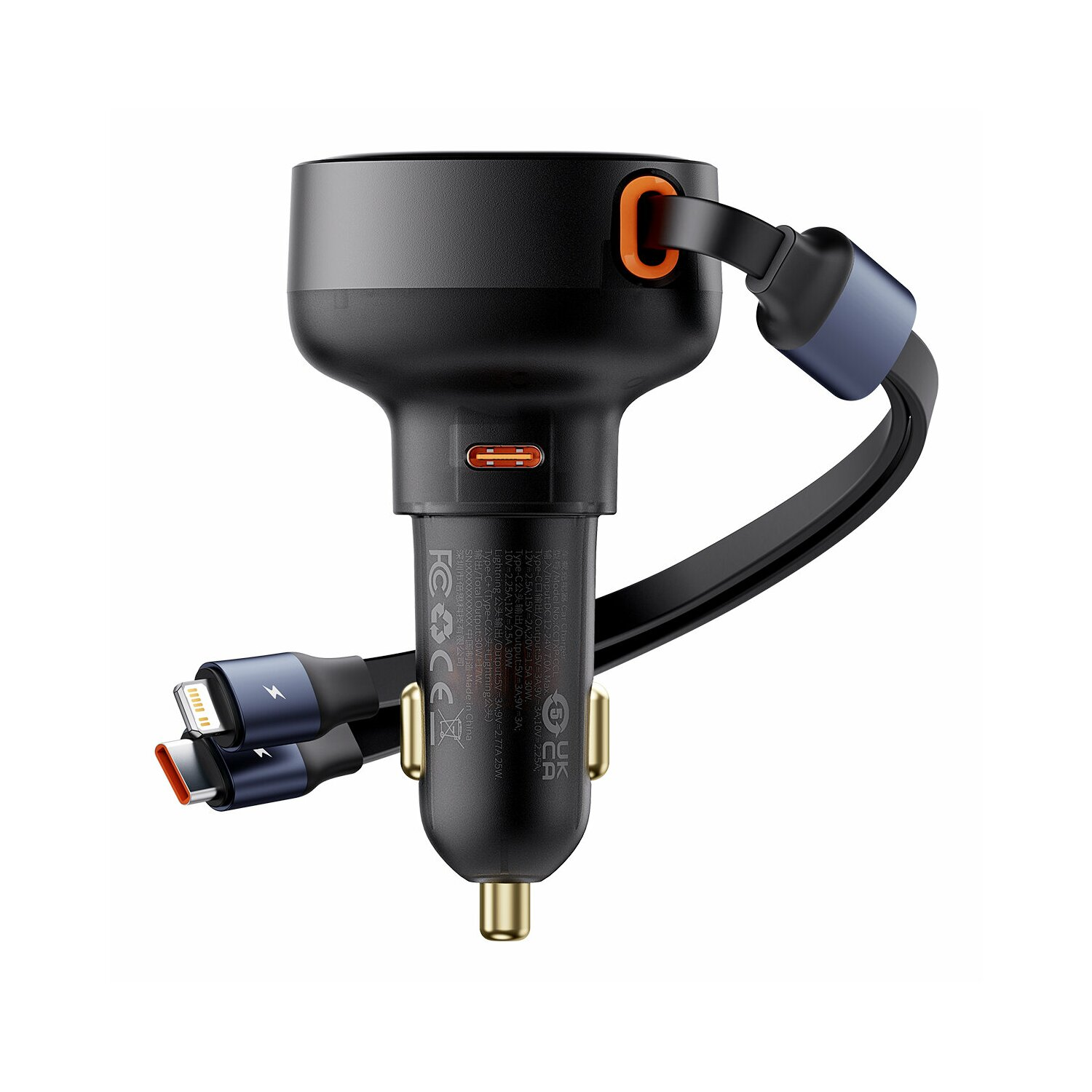 Czarna ładowarka samochodowa z USB-C i innymi kablami do ładowania, pomarańczowe akcenty.