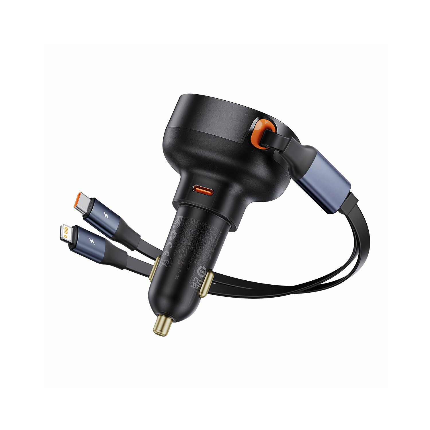 Ładowarka samochodowa z trzema kablami ładującymi, czarna, pomarańczowe akcenty i niebieski kabel.