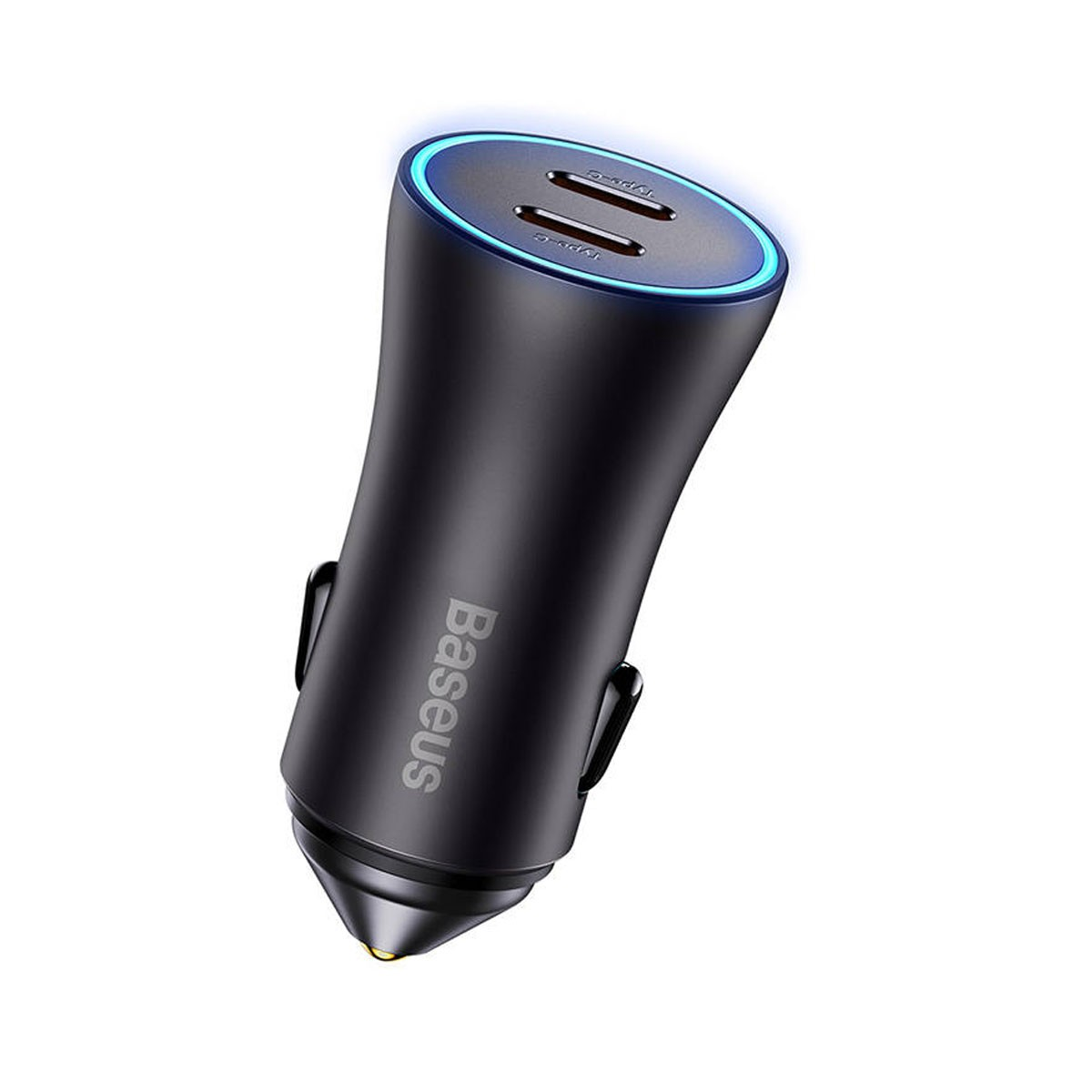 Czarna ładowarka samochodowa z dwoma portami USB i niebieskim światłem.