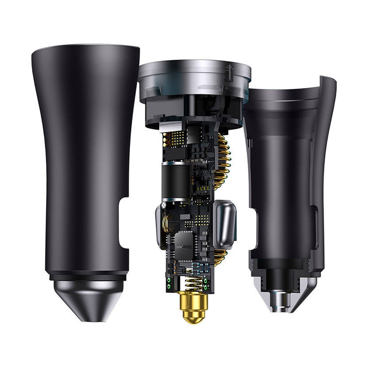 Widok rozstrzelony czarnej ładowarki samochodowej, pokazujący elementy.