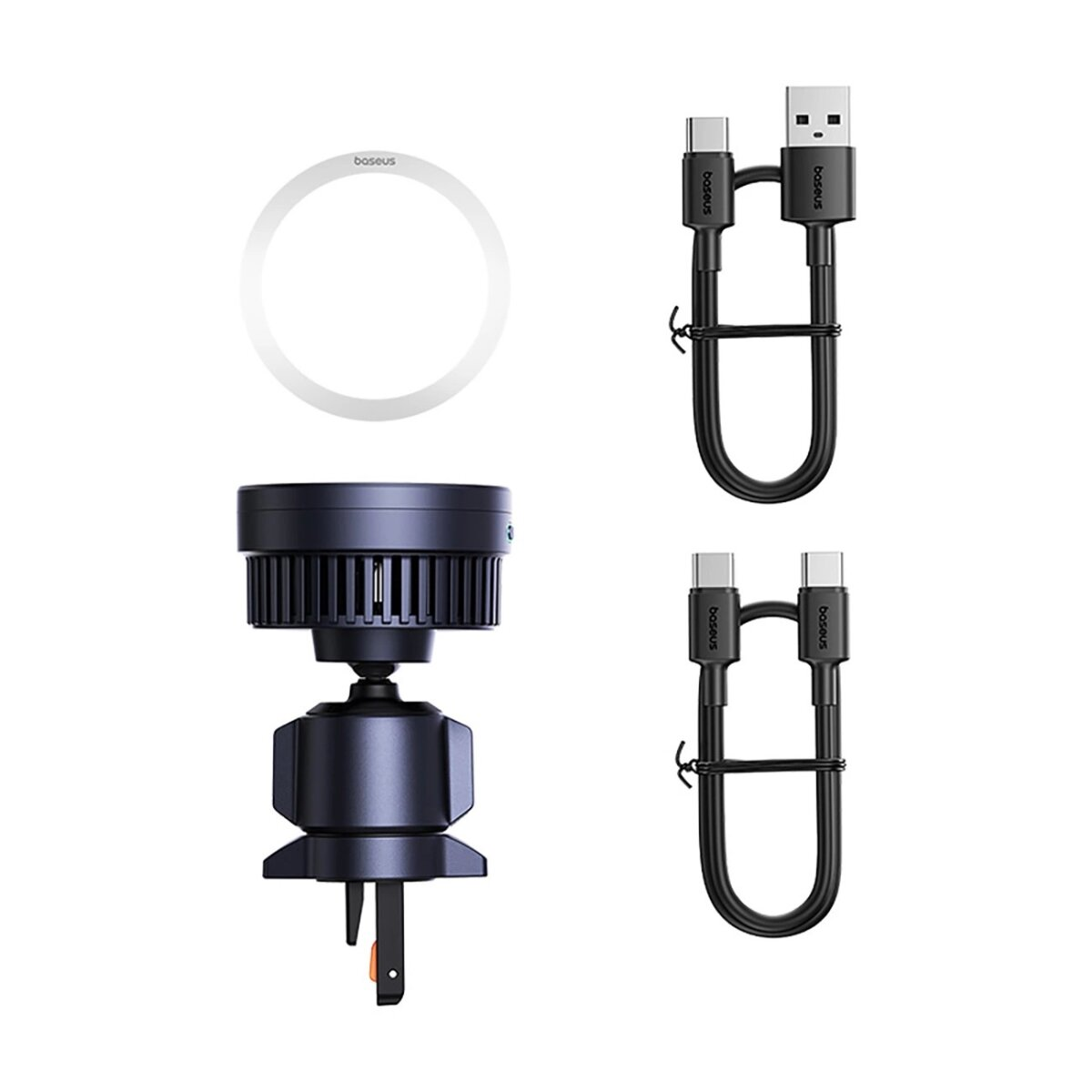 Zestaw akcesoriów samochodowych: uchwyt na telefon, kable i okrągły pierścień, na białym tle.