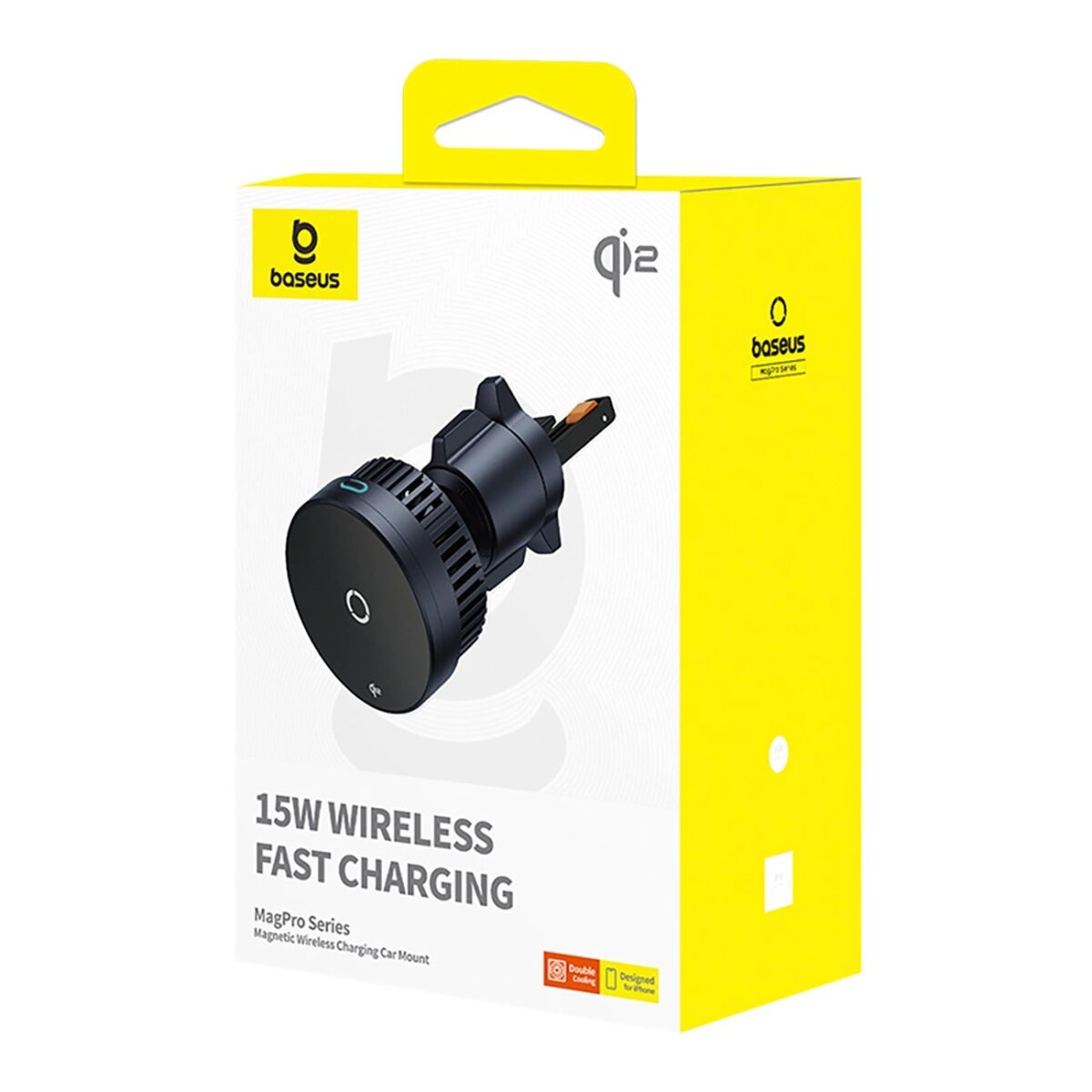 Żółte pudełko z czarną ładowarką bezprzewodową i nazwą produktu.